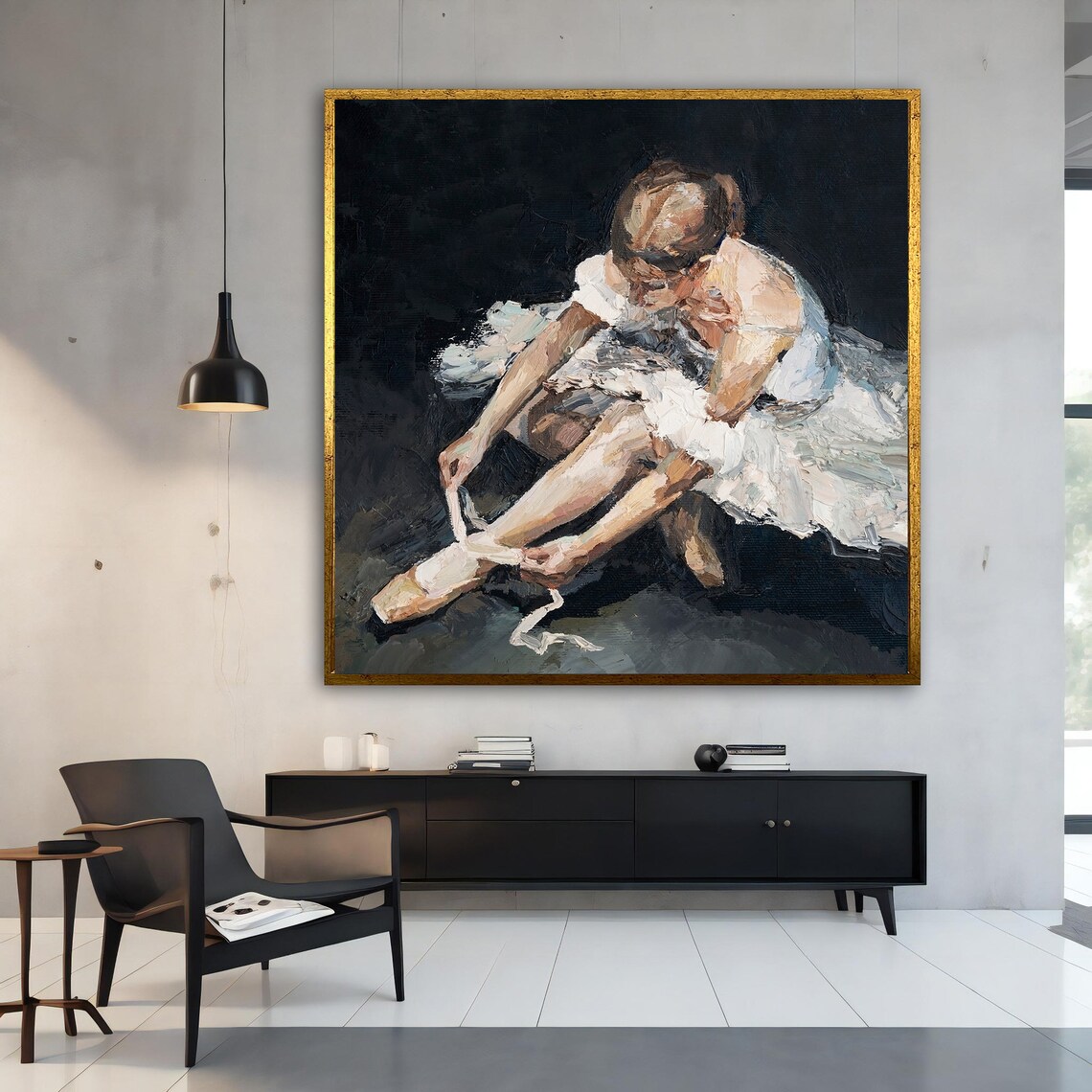 Ballerina Tying Pointe Shoe White Tutu Dark Impressionist Dance Art Poster - Image 2