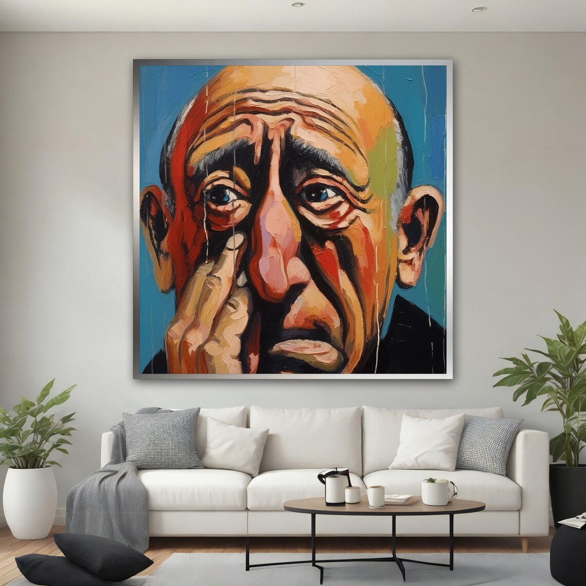 Unhappy Old Man Blue Eyes Expressive Colorful Portrait Art Poster - Image 5