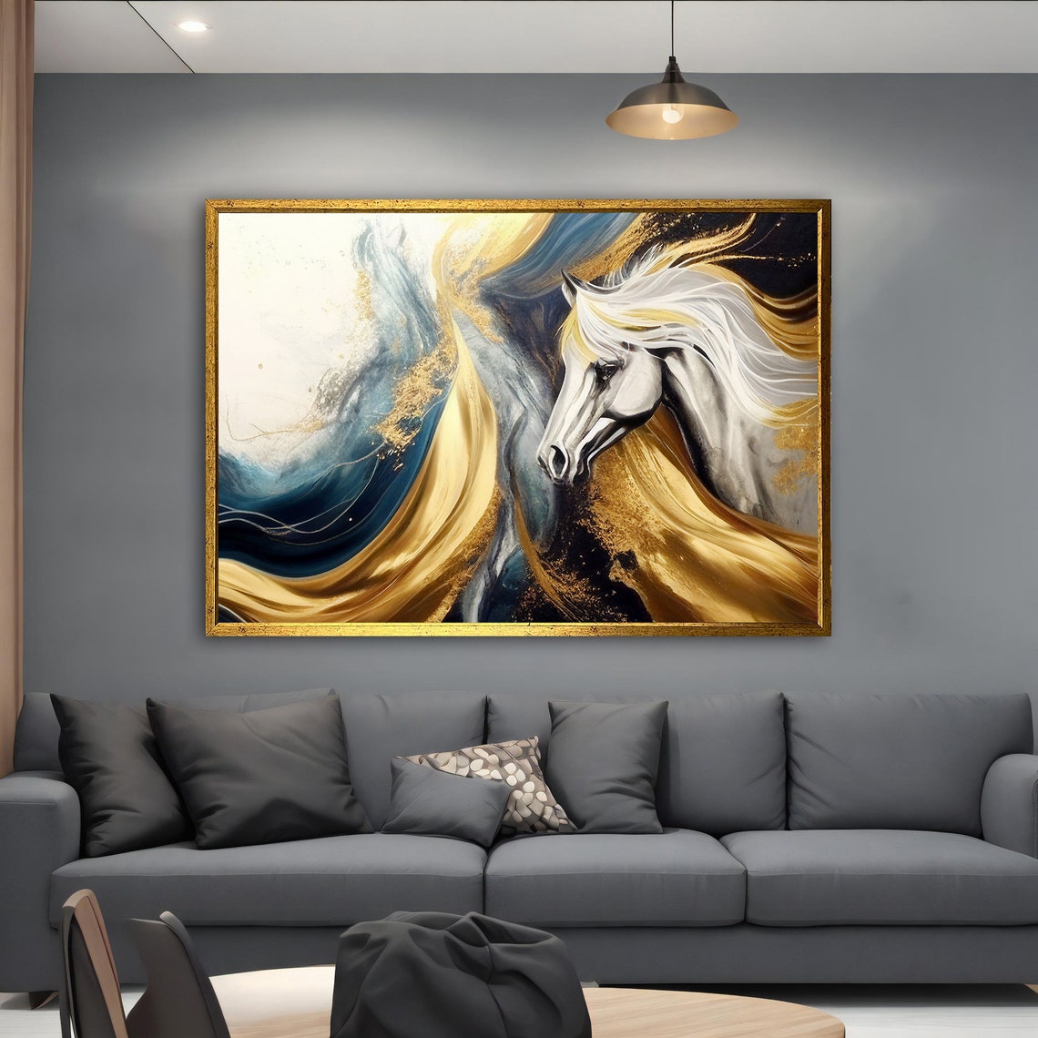 White Horse Head Gold Navy Abstract Swirls Elegant Animal Poster - Image 2