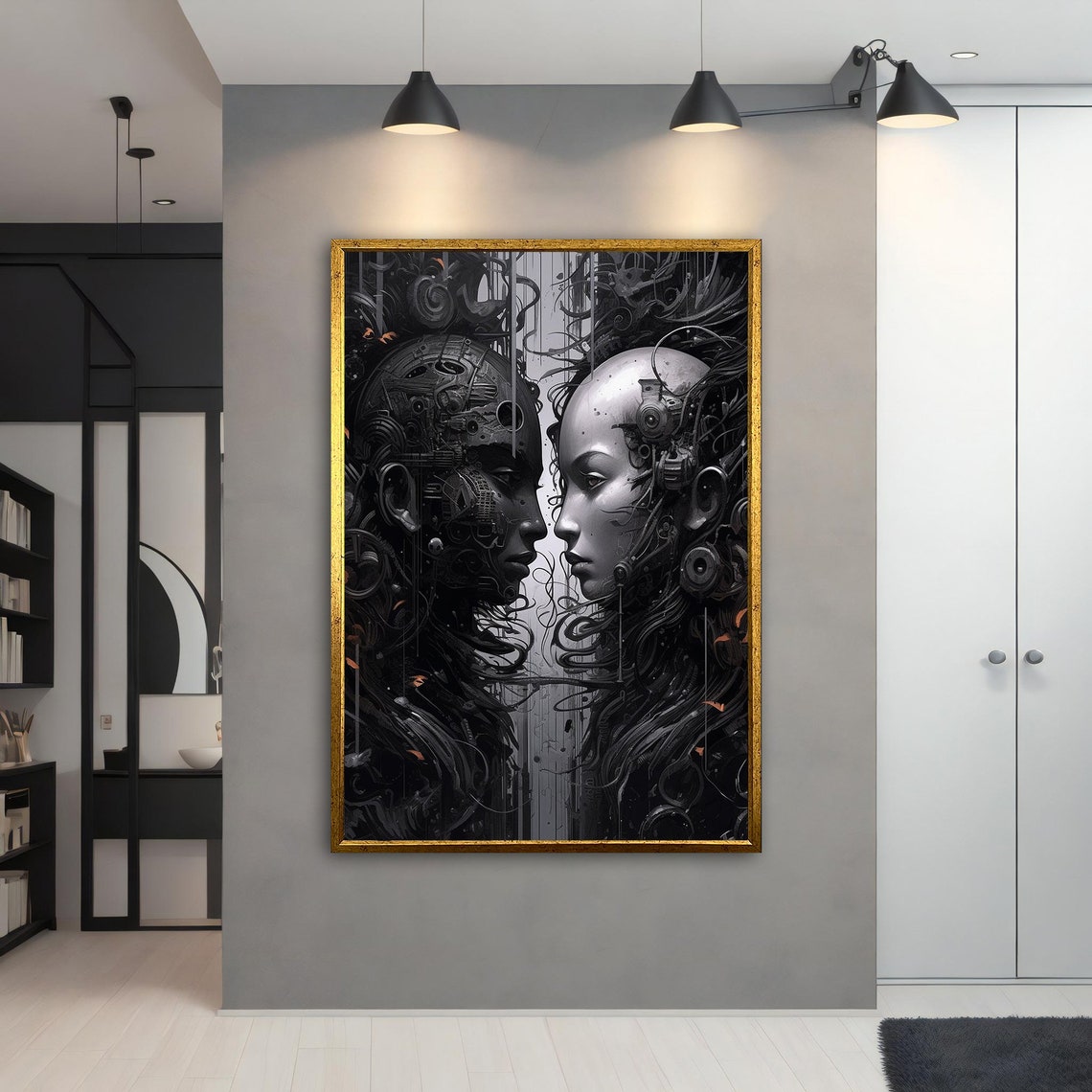 Futuristic Robot Couple Android Faces Sci Fi Digital Wall Art Print - Image 3