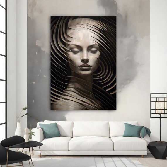 Surreal Monochrome Woman Face Ribbon Swirl Modern Art Poster