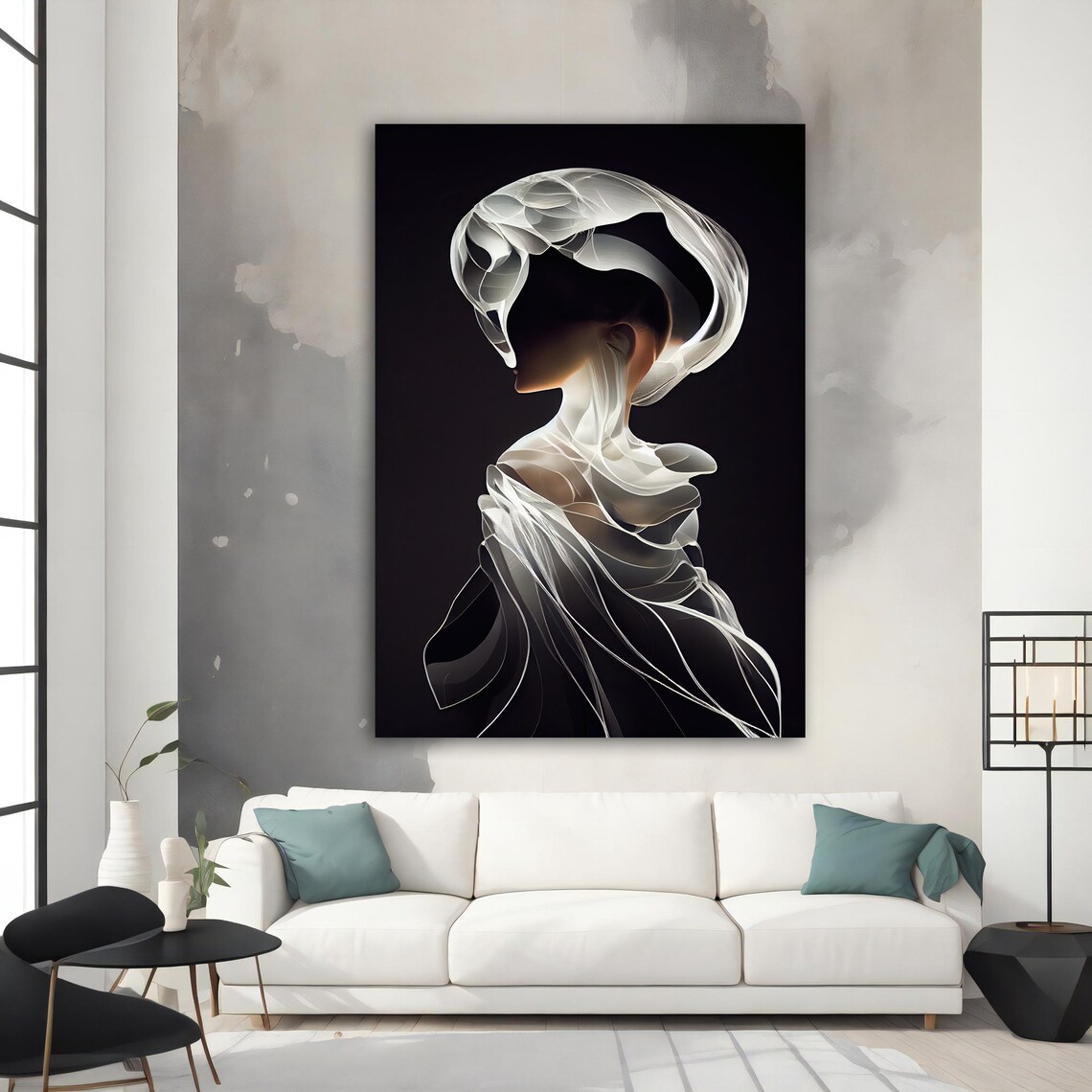 Surreal Veiled Woman Portrait Glowing White Fabric Dark Elegant Art Poster - Image 5