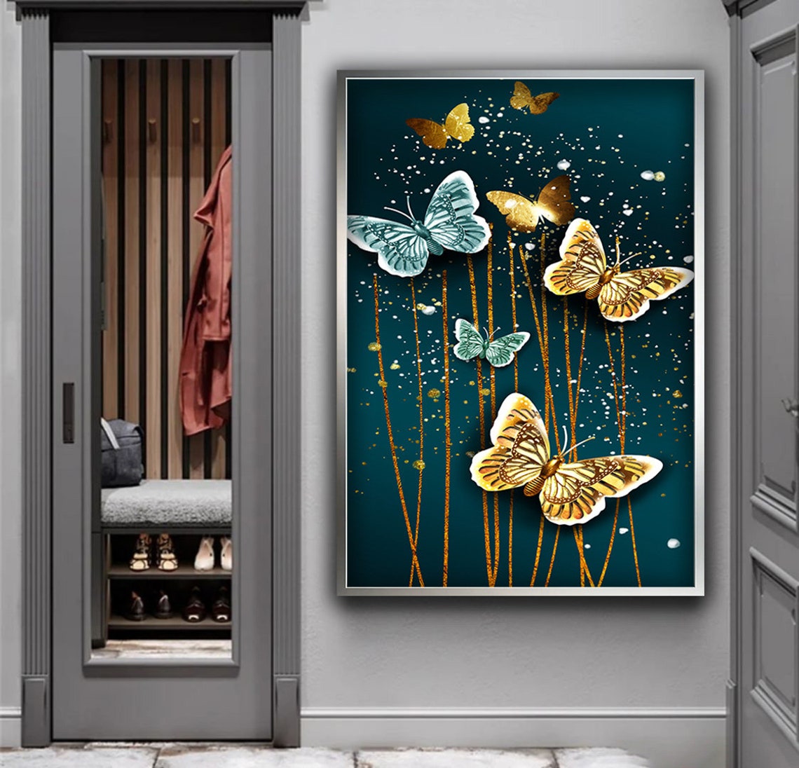 Gold and Teal Butterfly Swarm Dark Elegant Chic Modern Art Print - Image 5