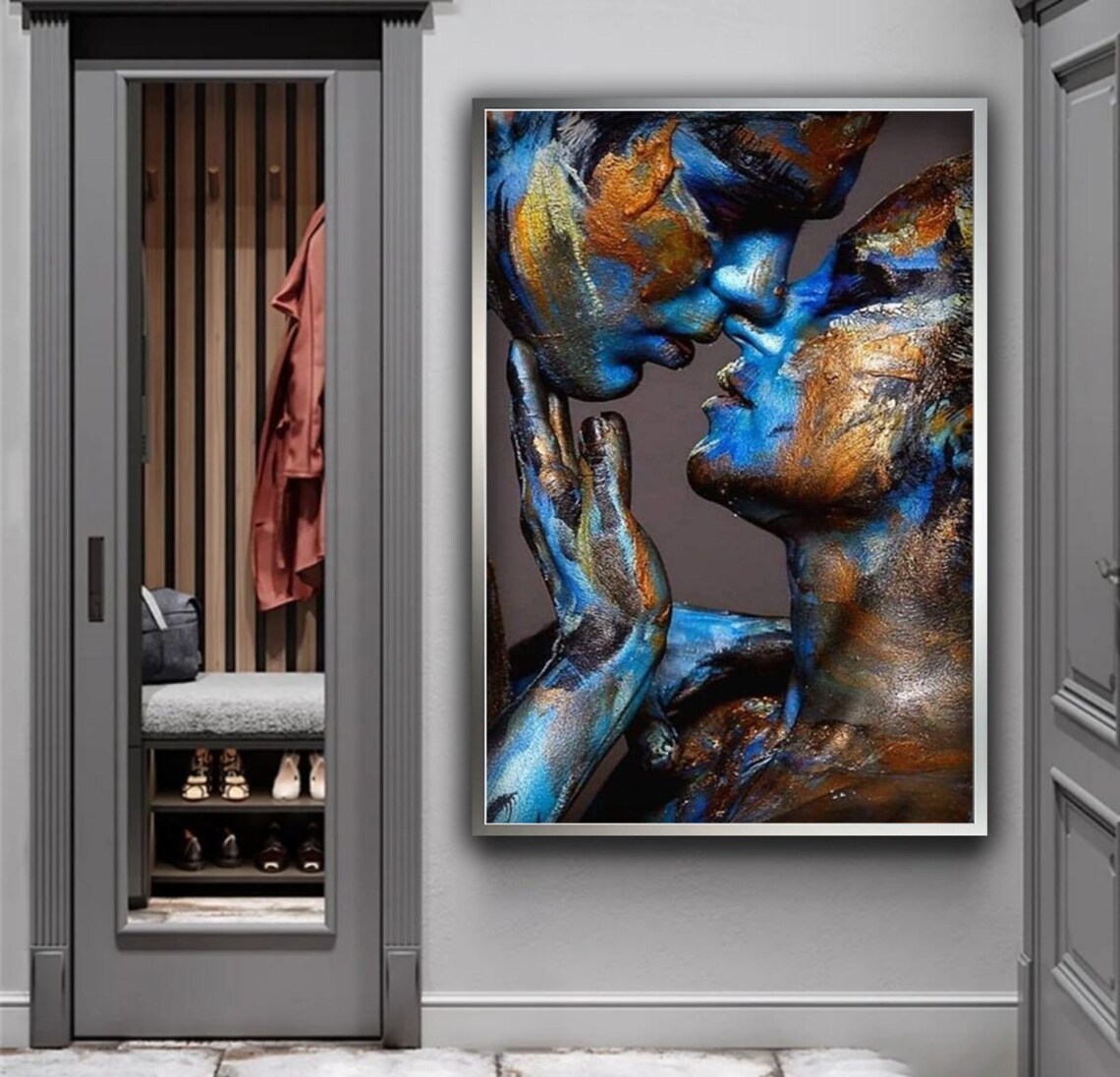 Romantic Couple Kiss Blue Gold Body Paint Passionate Love Art Wall Poster - Image 4