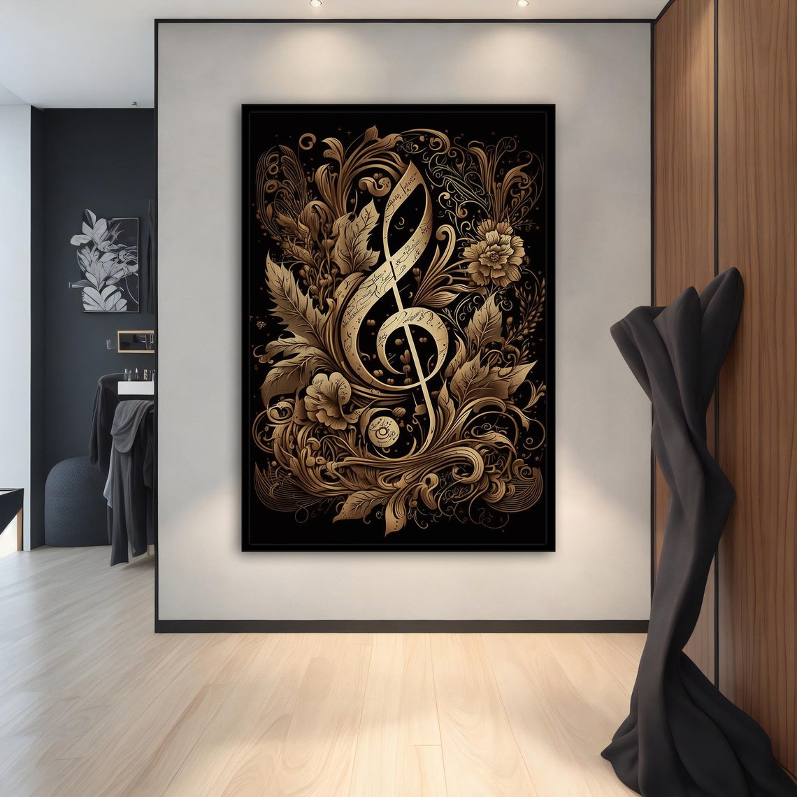 Golden Treble Clef Ornate Floral Music Note Black Gold Wall Poster - Image 2
