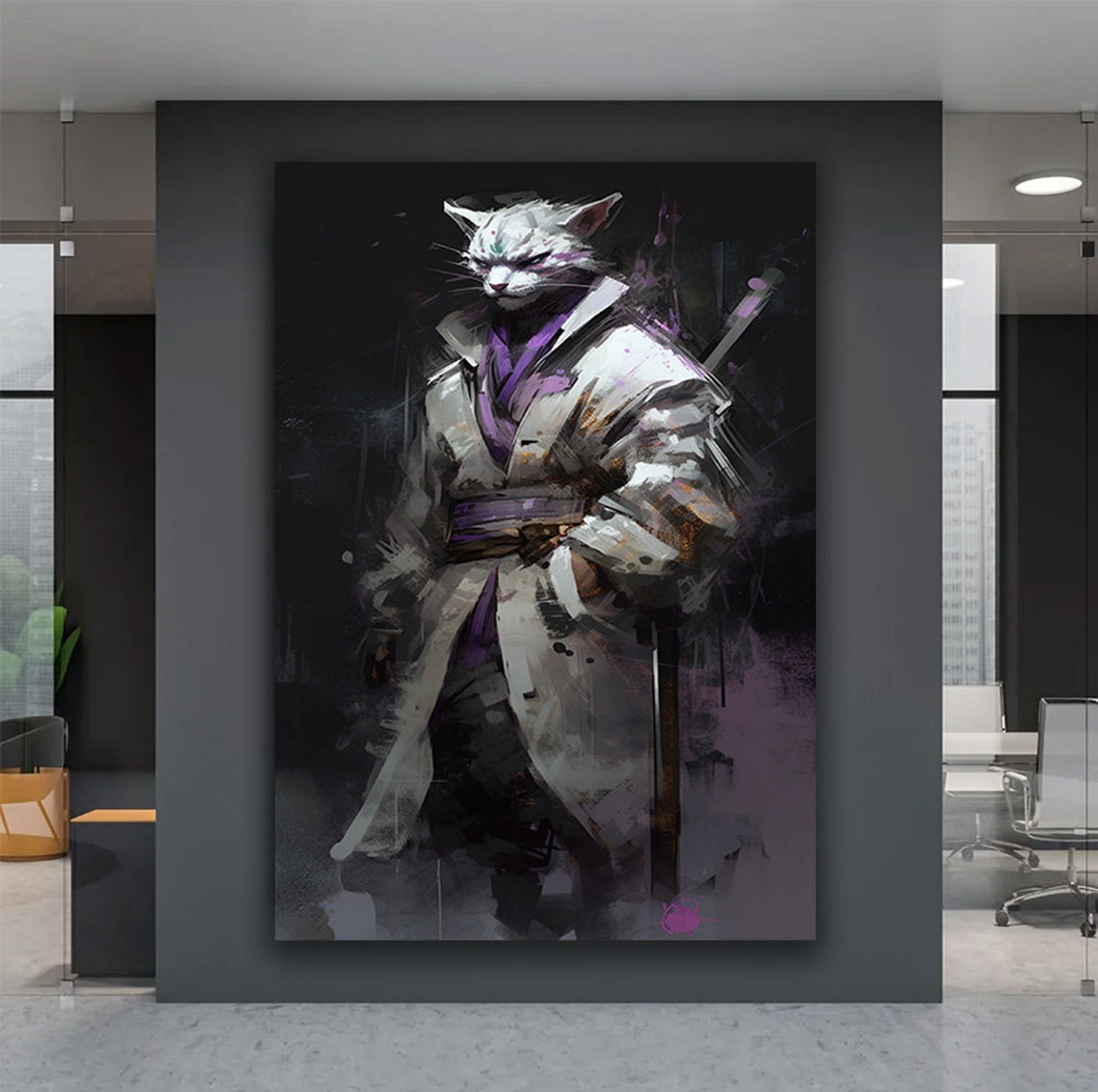Samurai Cat Warrior Portrait White Kimono Sword Feline Wall Poster - Image 5