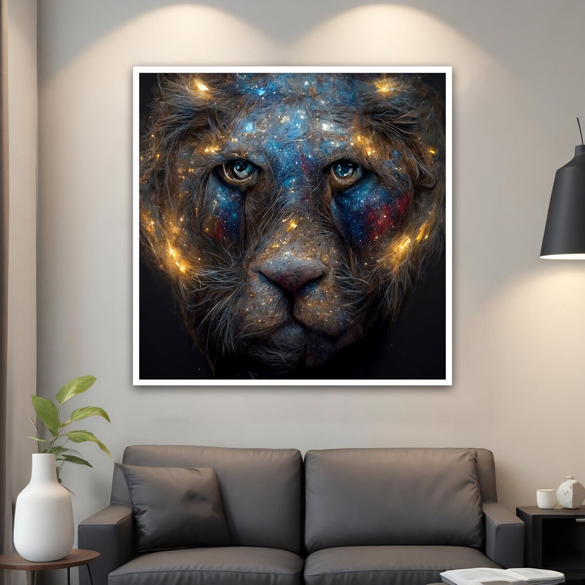 Galaxy Lioness Face Starry Cosmic Blue Gold Dark Animal Art Poster - Image 4