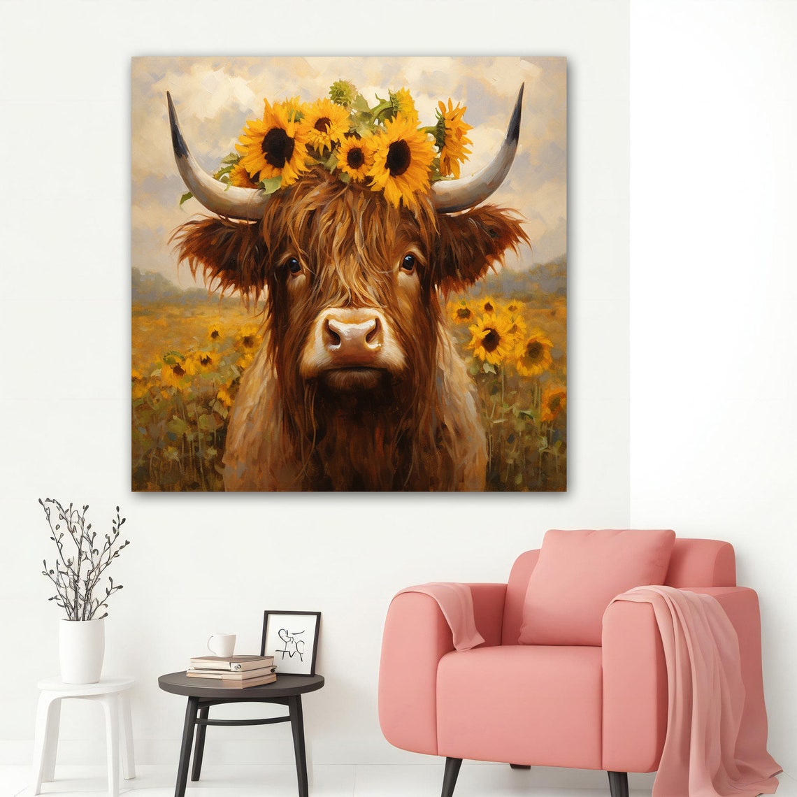 Highland Cow Sunflower Crown Field Rustic Farm Animal Art Poster - Image 5