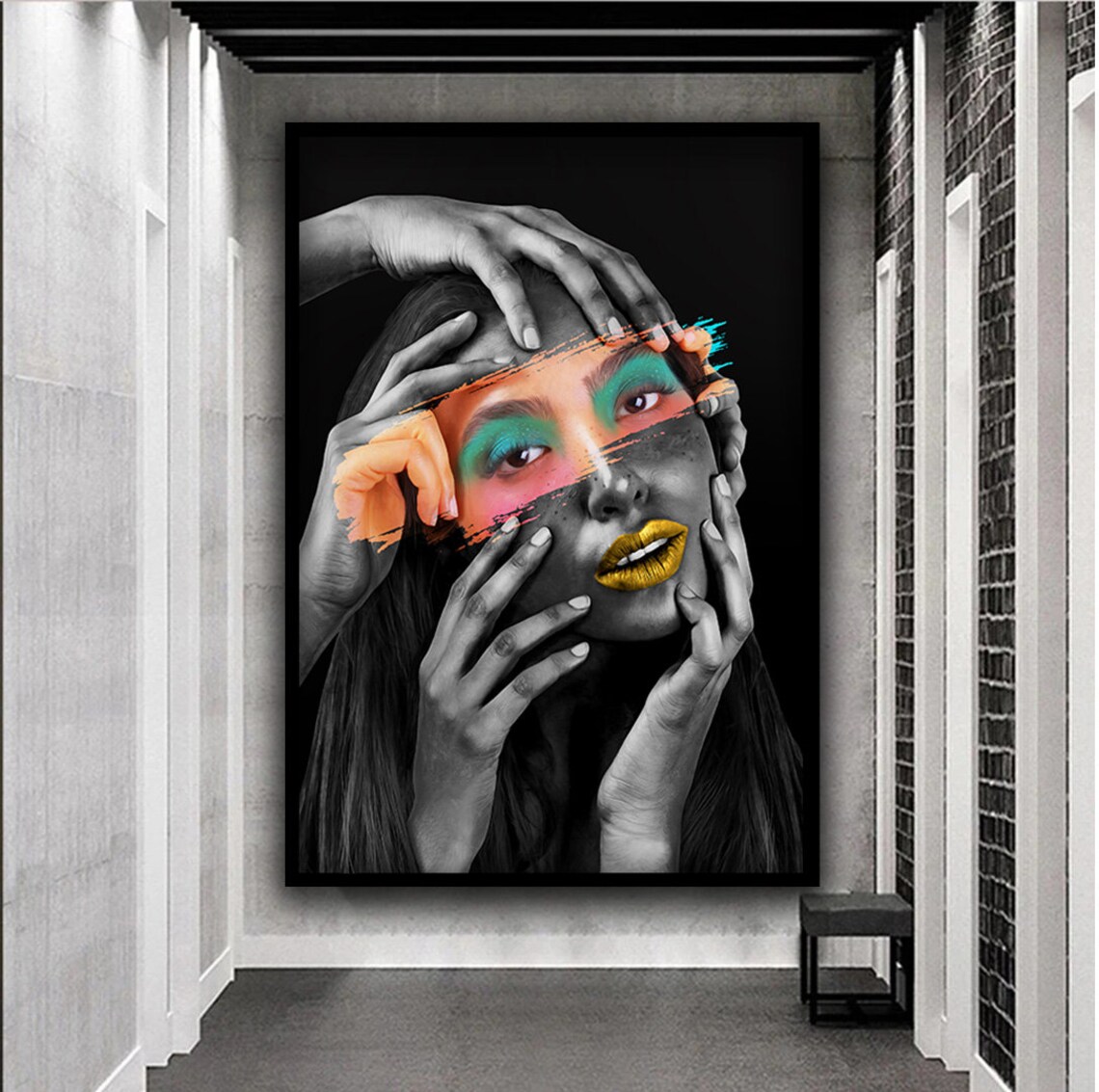 Colorful Paint Strokes Woman Portrait Black White Gold Lips Art Poster - Image 2