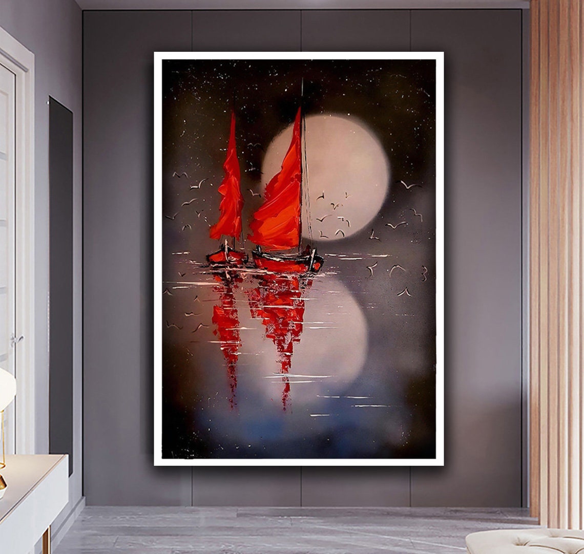 Red Sailboats Full Moon Night Sea Abstract Seascape Art Poster - Image 2
