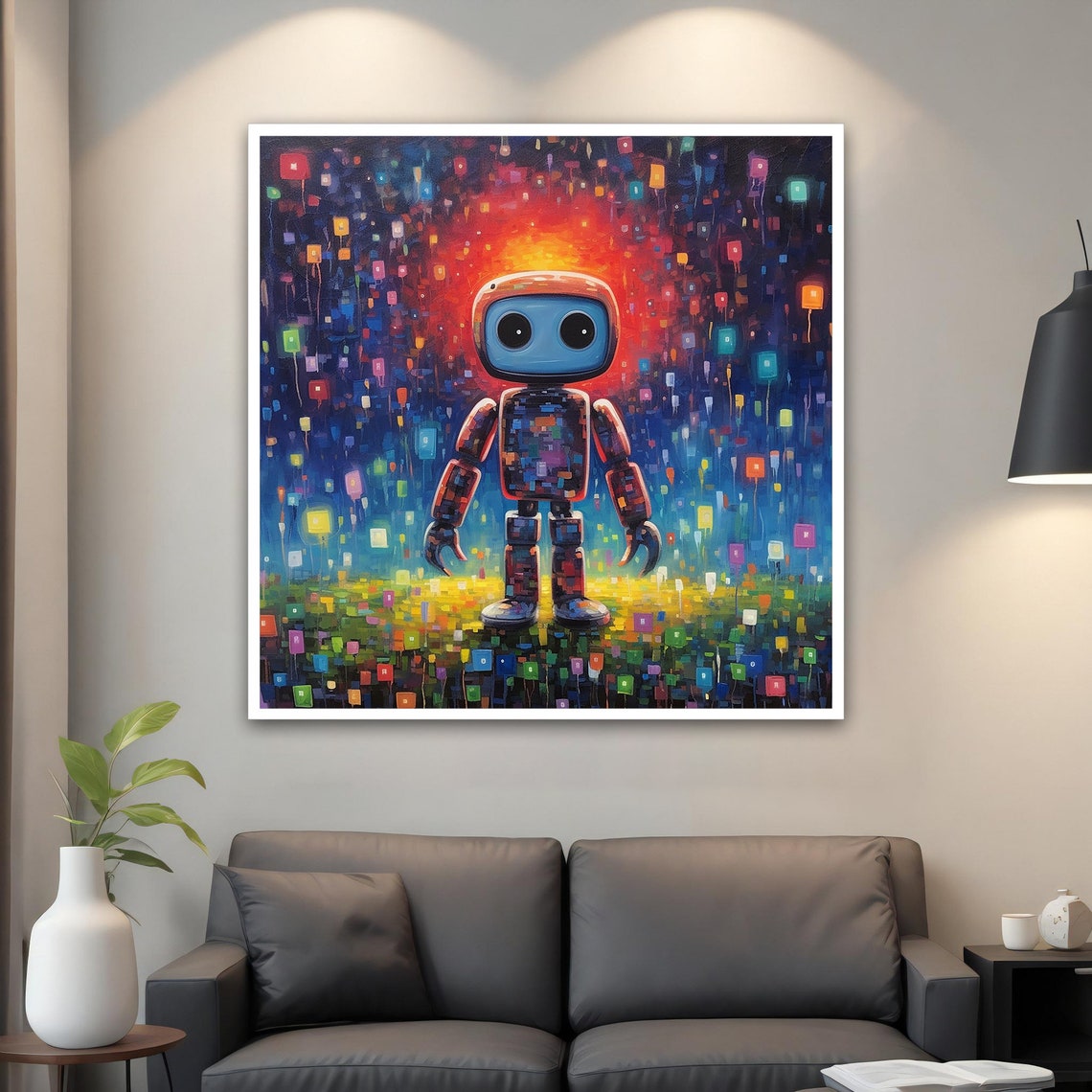 Cute Little Robot Colorful Rain Night Lights Whimsical Art Poster - Image 5
