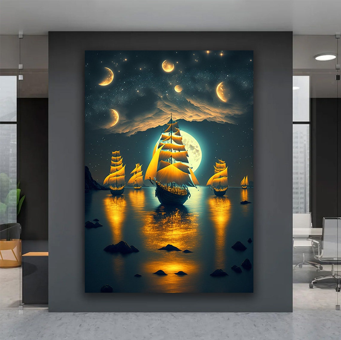 Tall Ships Under Multiple Moons Golden Night Sea Fantasy Art Poster - Image 4