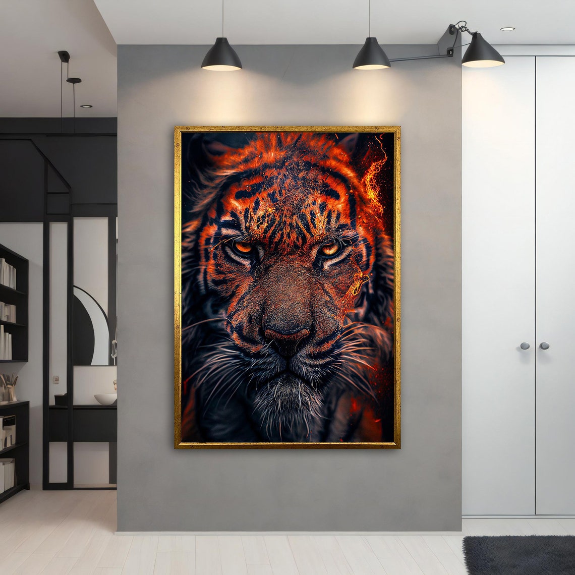Fiery Tiger Face Close Up with Blazing Orange Eyes Dark Art Poster - Image 4