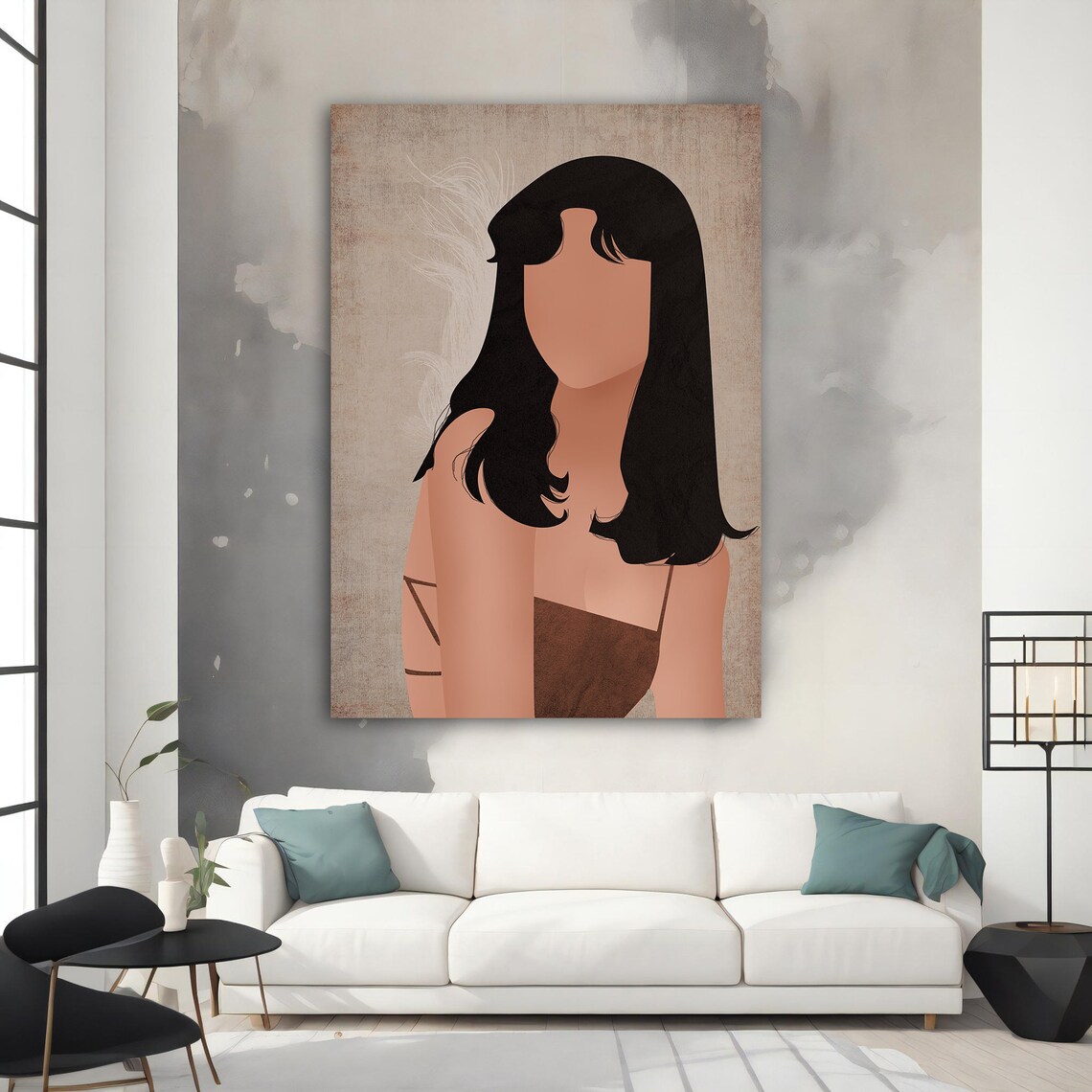 Minimalist Faceless Woman Black Hair Beige Neutral Portrait Wall Art - Image 4