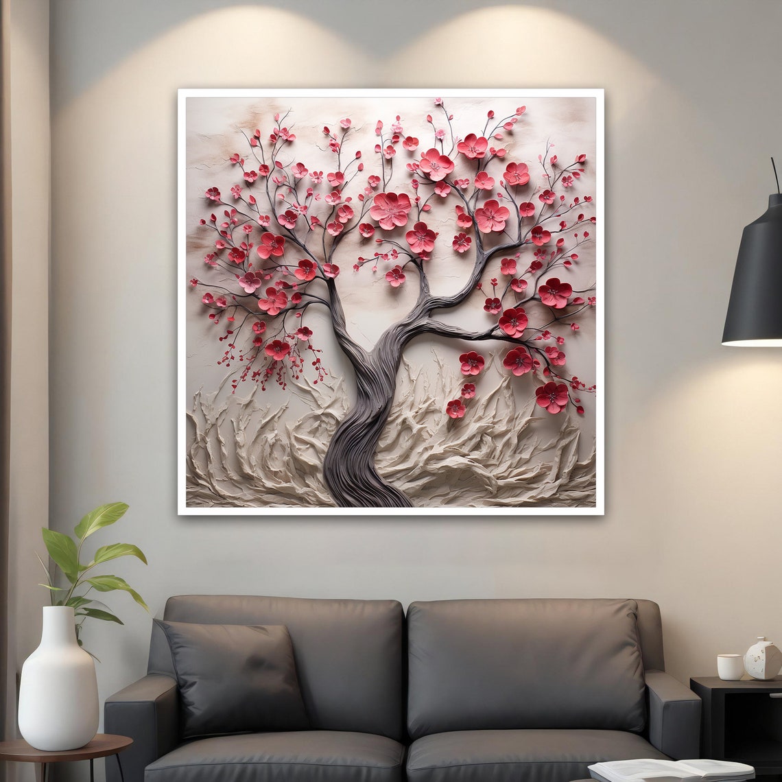 Red Blossom Tree 3D Relief Cream Floral Sculpted Wall Art Poster - Image 2