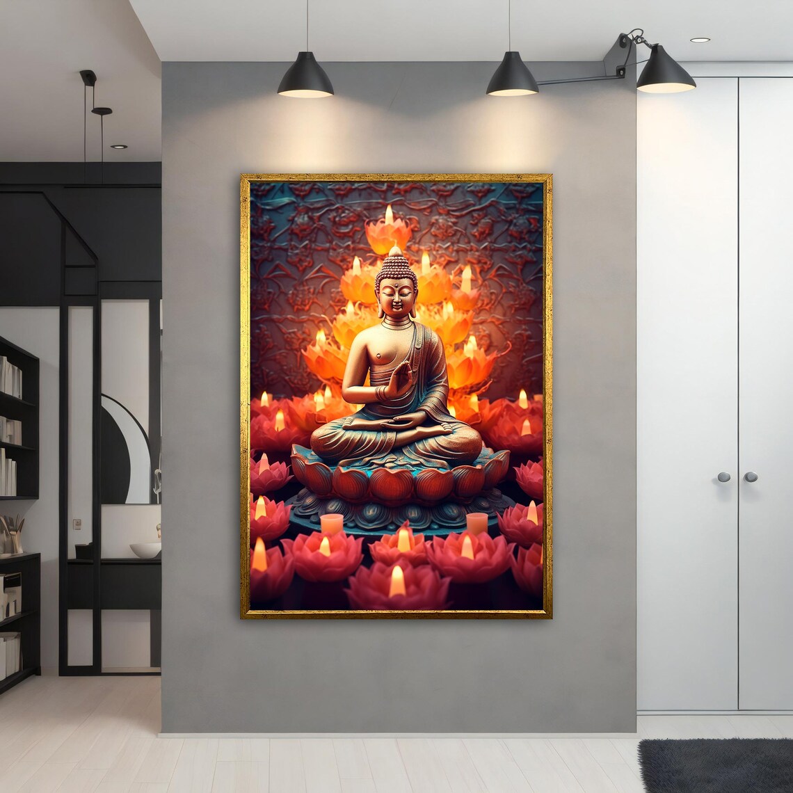 Bronze Buddha Lotus Throne Red Candles Dark Asian Art Poster - Image 4