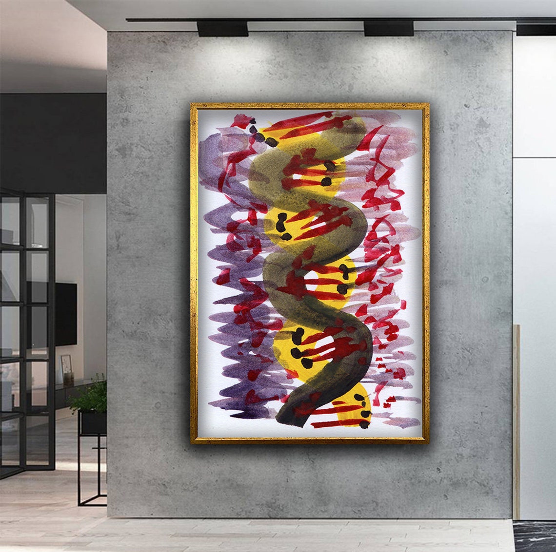 Abstract Yellow Red Purple Brushstroke Modern Painting Wall Art
