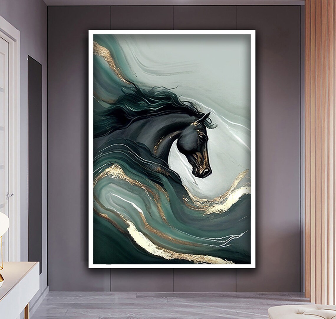 Black Horse Emerging from Teal and Gold Marbled Waves Abstract Poster - Image 2