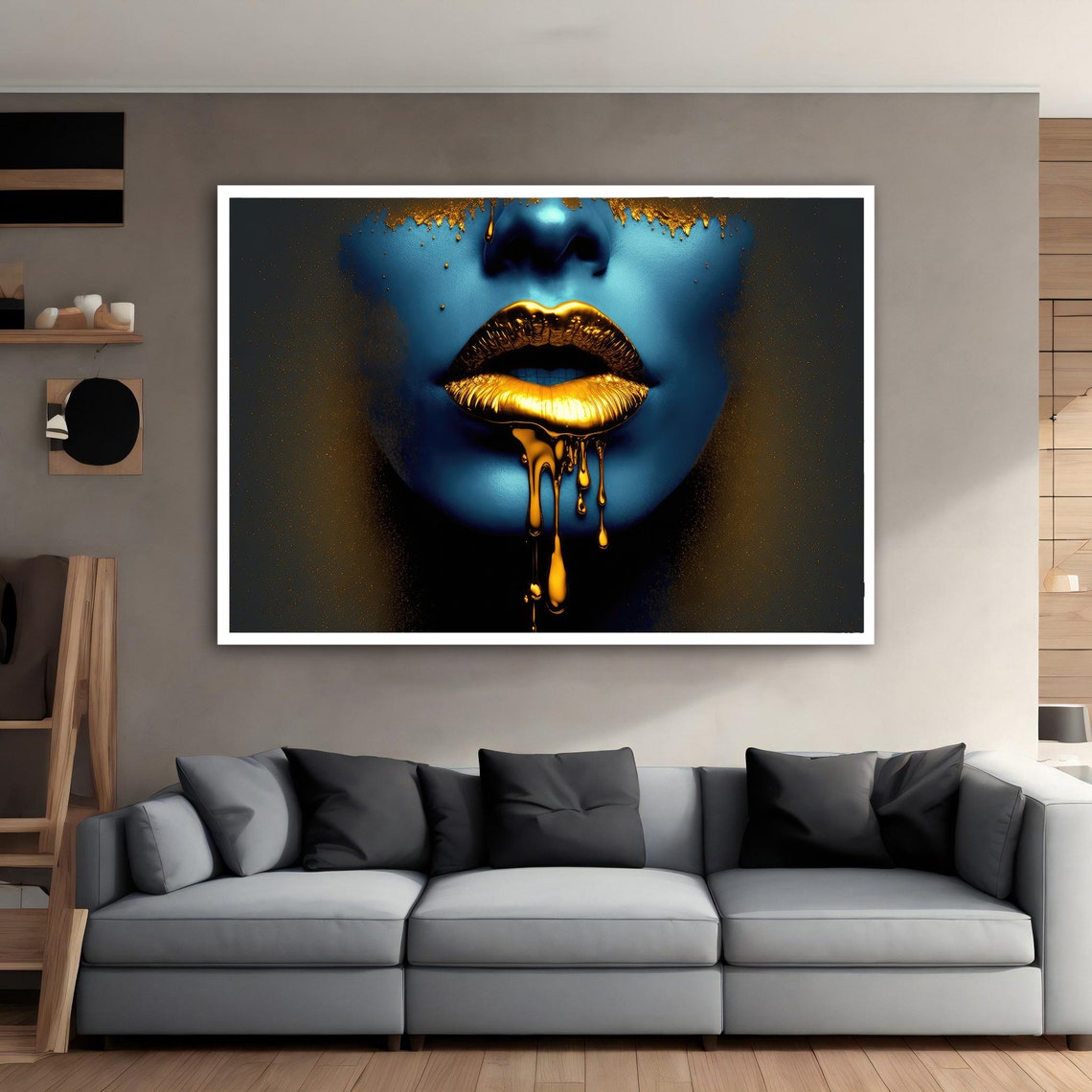 Blue Woman Face Dripping Gold Lips Bold Modern Glam Art Poster - Image 5