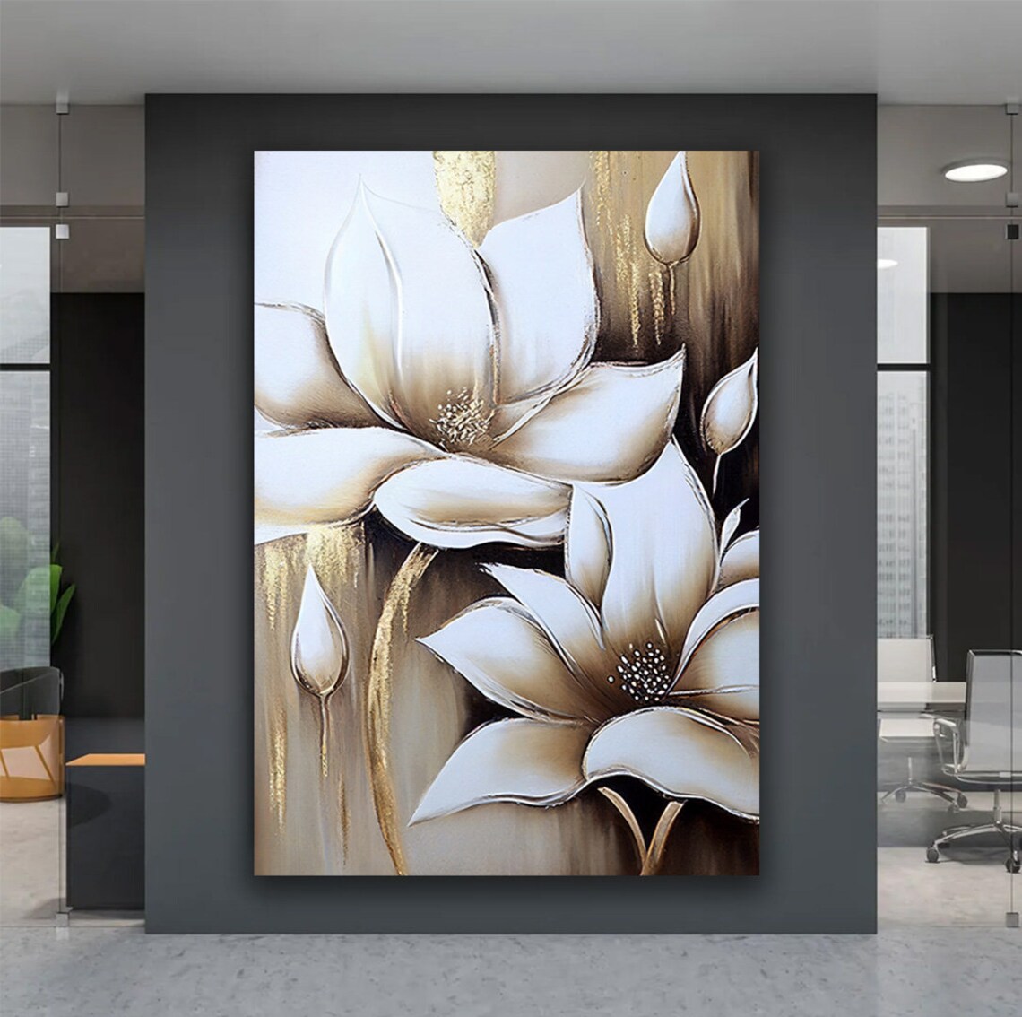 White Magnolia Flowers with Gold Accents on Neutral Beige Art Poster - Image 4