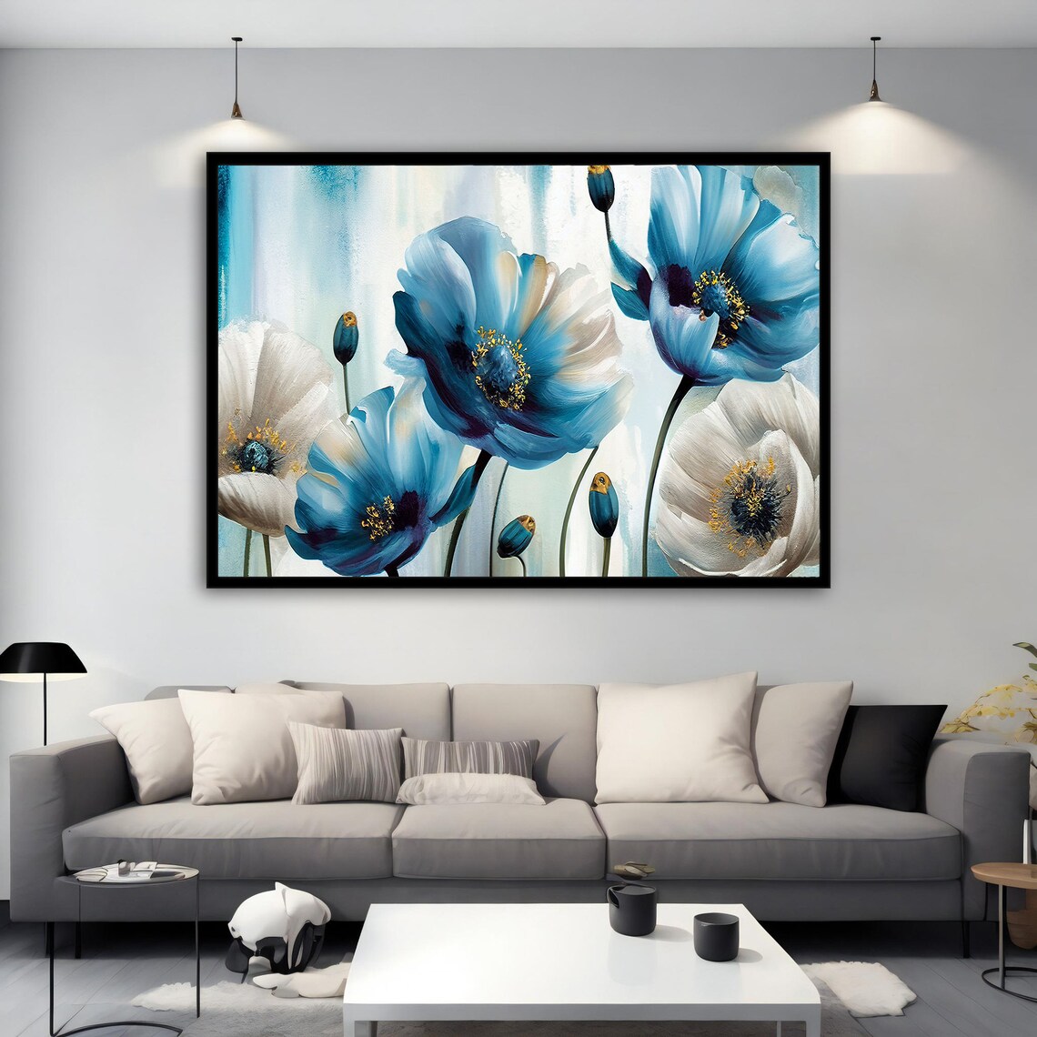 Blue White Poppy Flowers Gold Centers Bright Fresh Floral Poster - Image 3