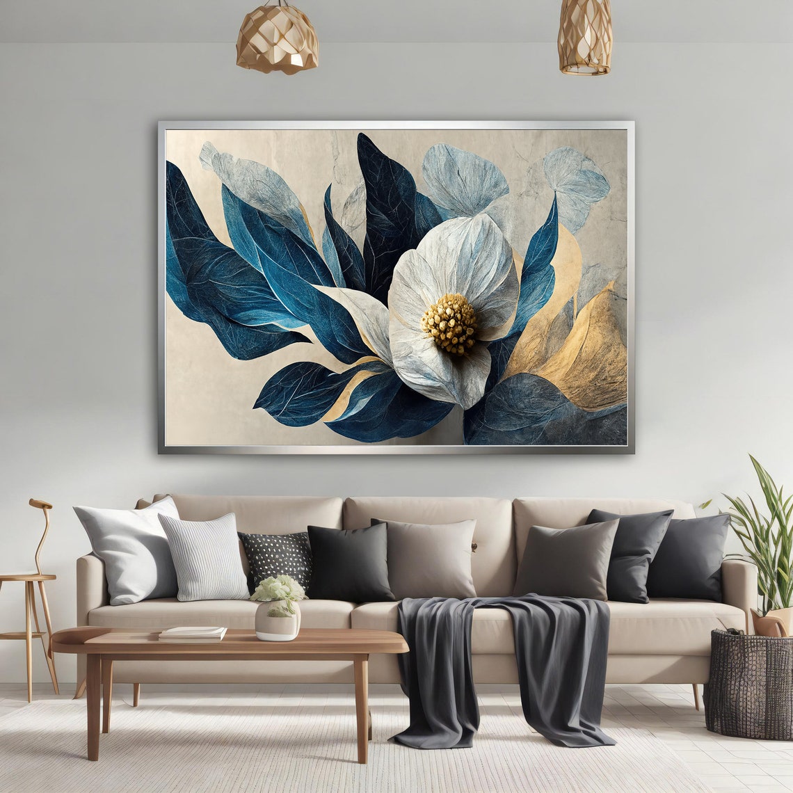 White Orchid Gold Center Navy Leaves Botanical Floral Poster - Image 3