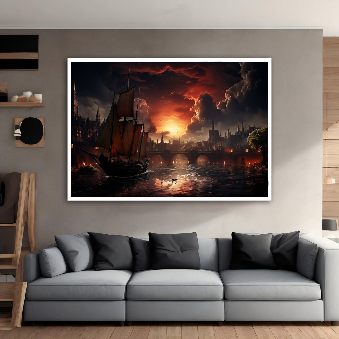 Pirate Ship Sailing Past Burning City at Dramatic Fiery Sunset Poster - Image 3