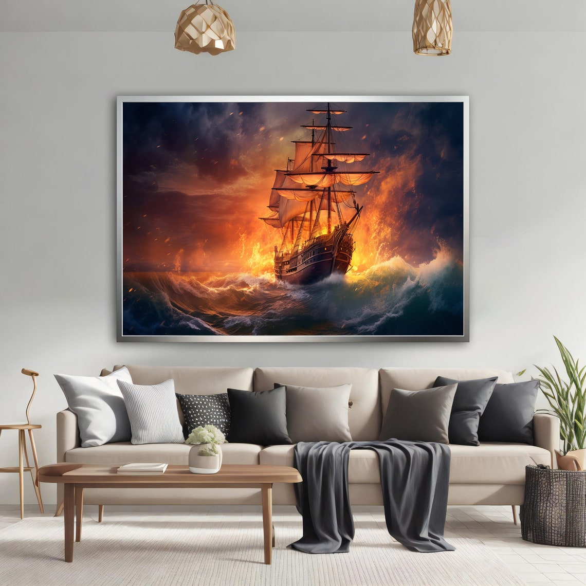 Tall Ship Fiery Sunset Sails Dramatic Ocean Waves Wall Art Print - Image 2