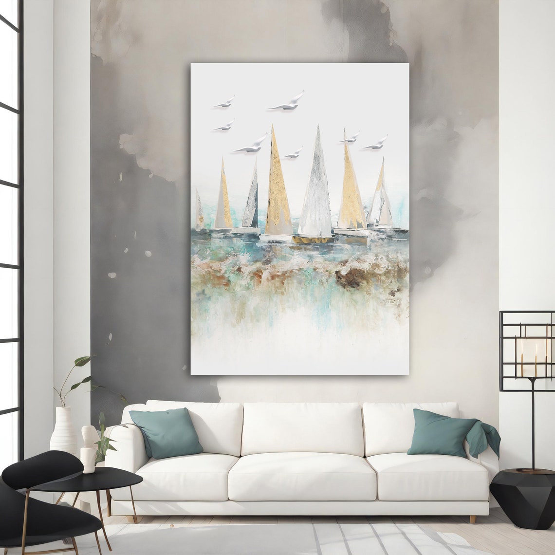 Minimalist Sailboats Gold Leaf Sails Seagulls Coastal Wall Art Print - Image 4