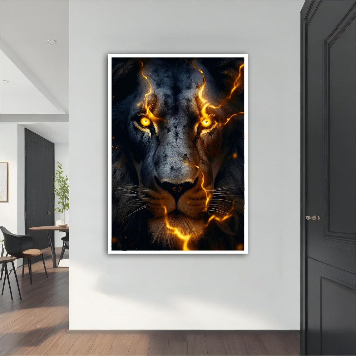 Black Lion Golden Eyes Lightning Fire Face Dark Animal Poster