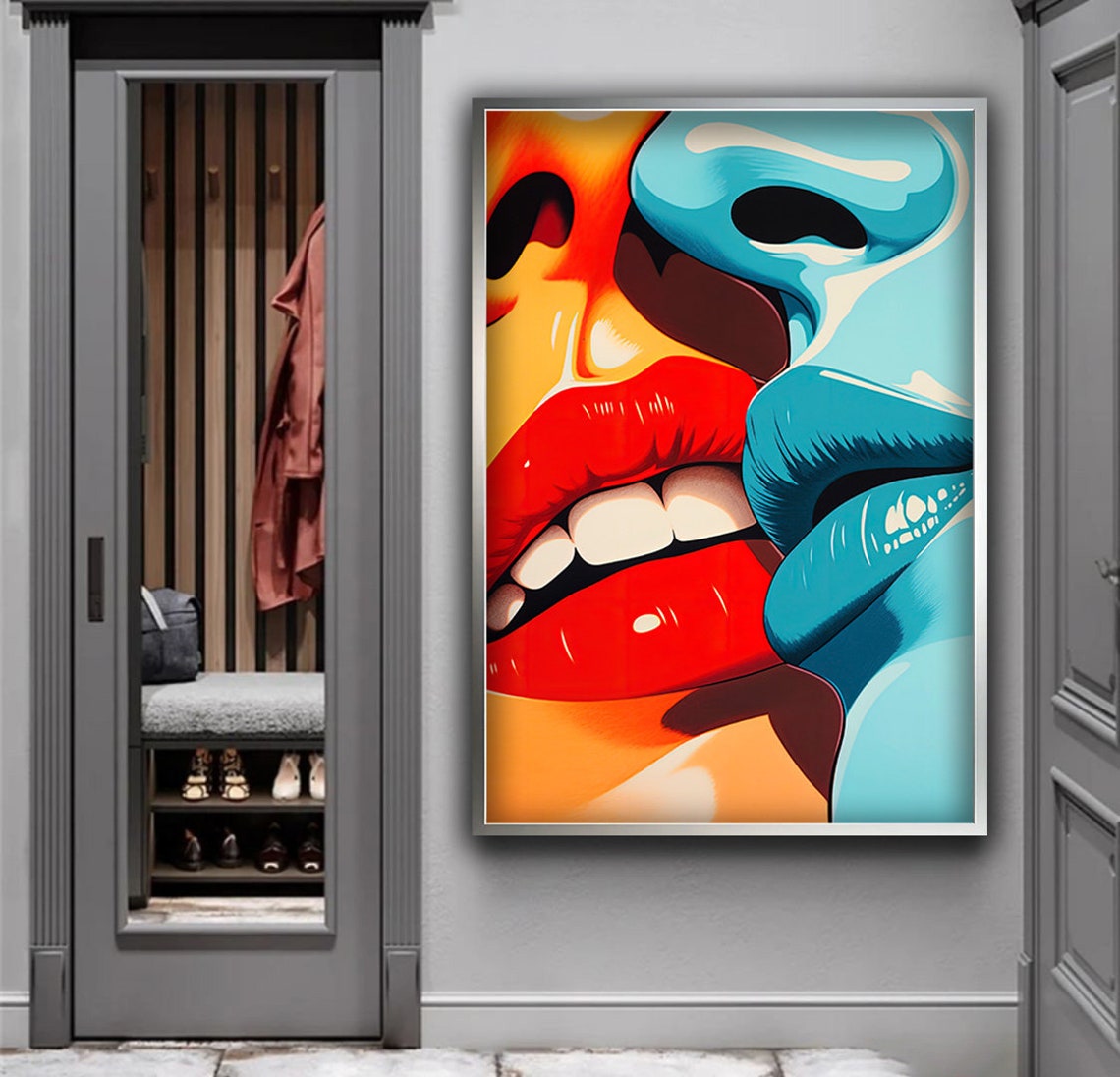 Retro Pop Art Kissing Couple Red Lips Bold Comic Style Wall Poster - Image 3