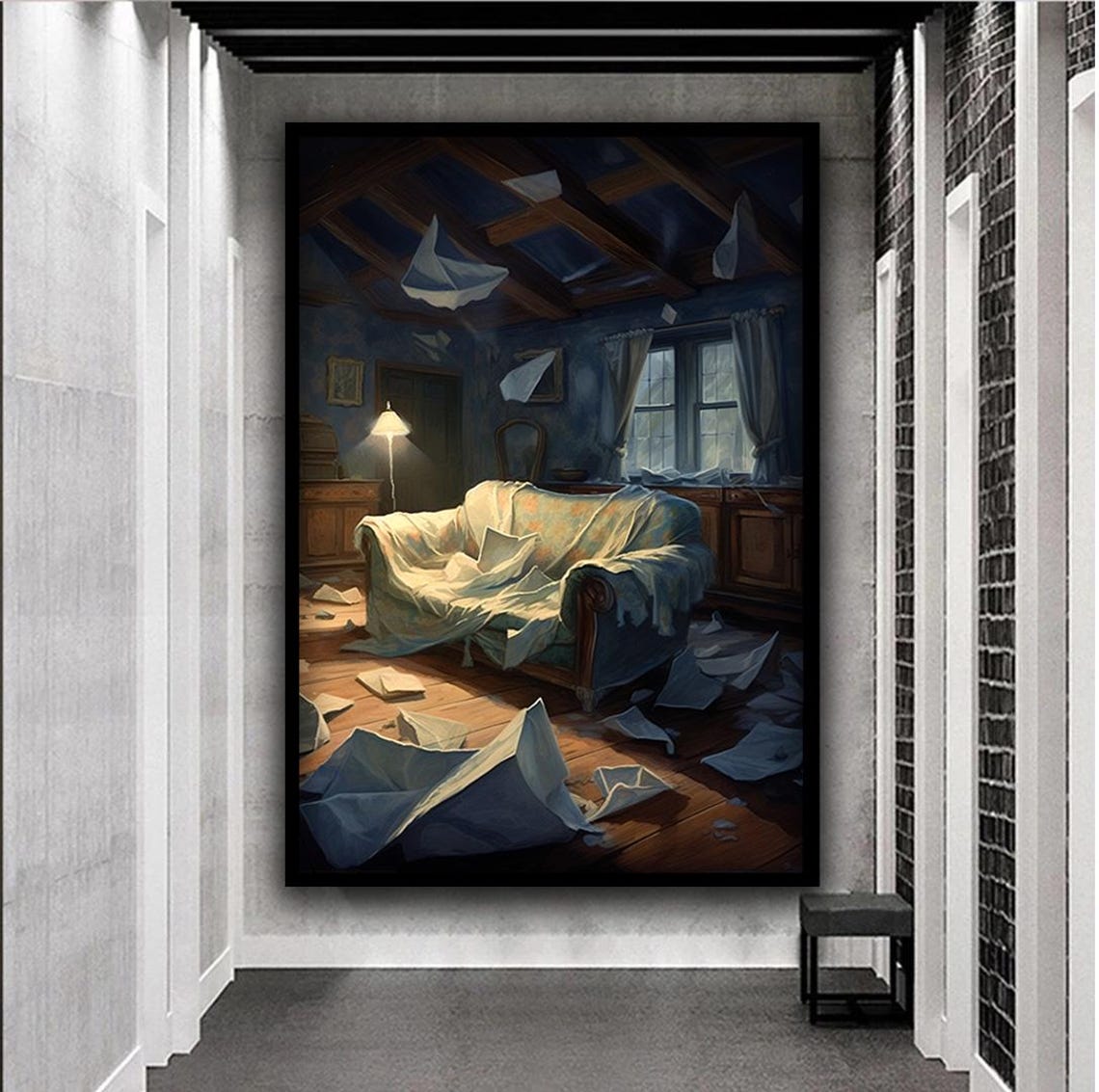 Abandoned Room Dust Sheet Furniture Moody Blue Interior Art Poster - Image 5