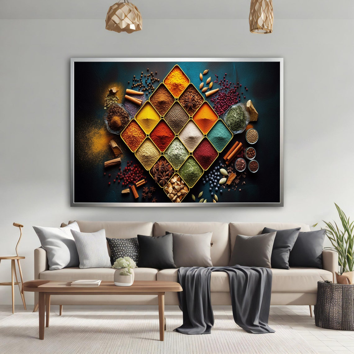 Diamond Pattern of Vibrant Spice Powders with Herbs Top Down Art Print - Image 3