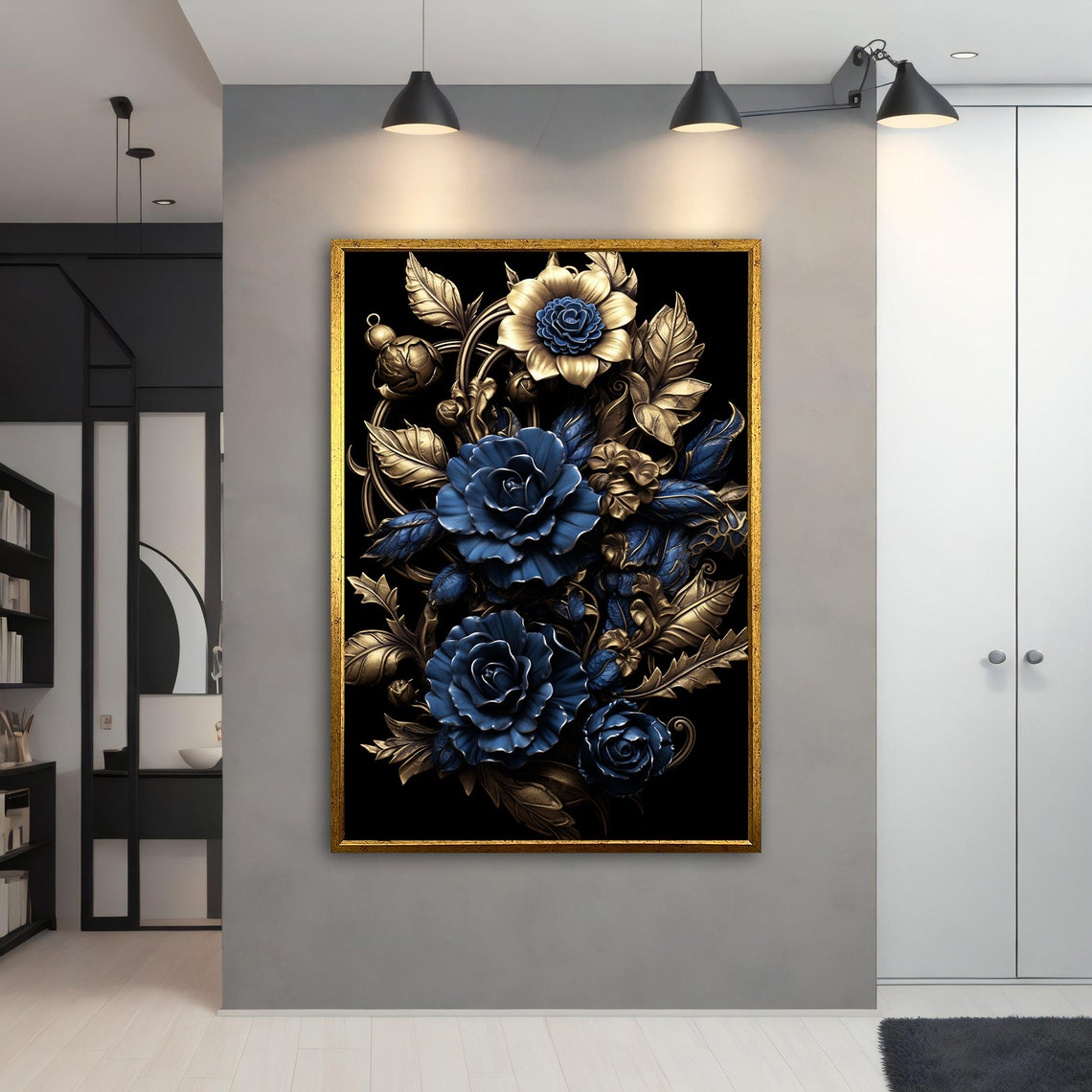 Luxury Blue Roses Gold Baroque Leaves Black Floral Elegant Wall Art - Image 4