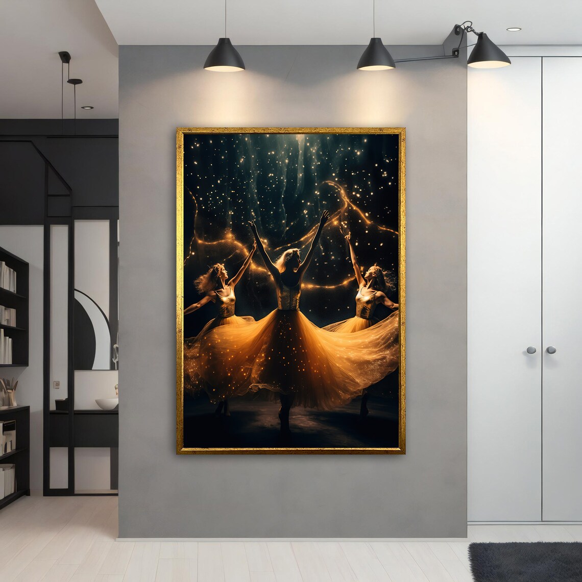 Golden Ballerinas Dancing Under Starry Night Sparkling Gowns Art Poster - Image 4