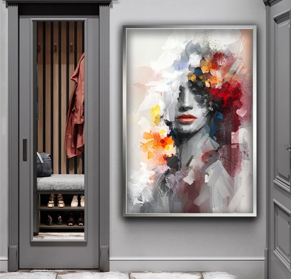 Abstract Woman Portrait in Soft Grey with Red and Orange Brushstrokes Poster - Image 5