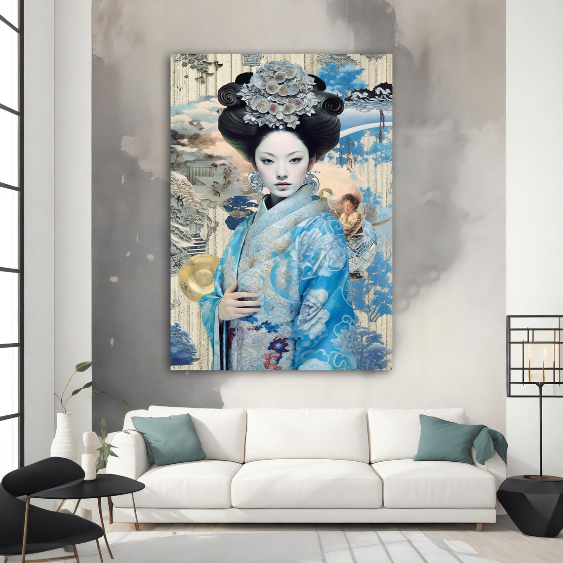Geisha in Blue Kimono Japanese Floral Hair Ornament Art Poster - Image 2