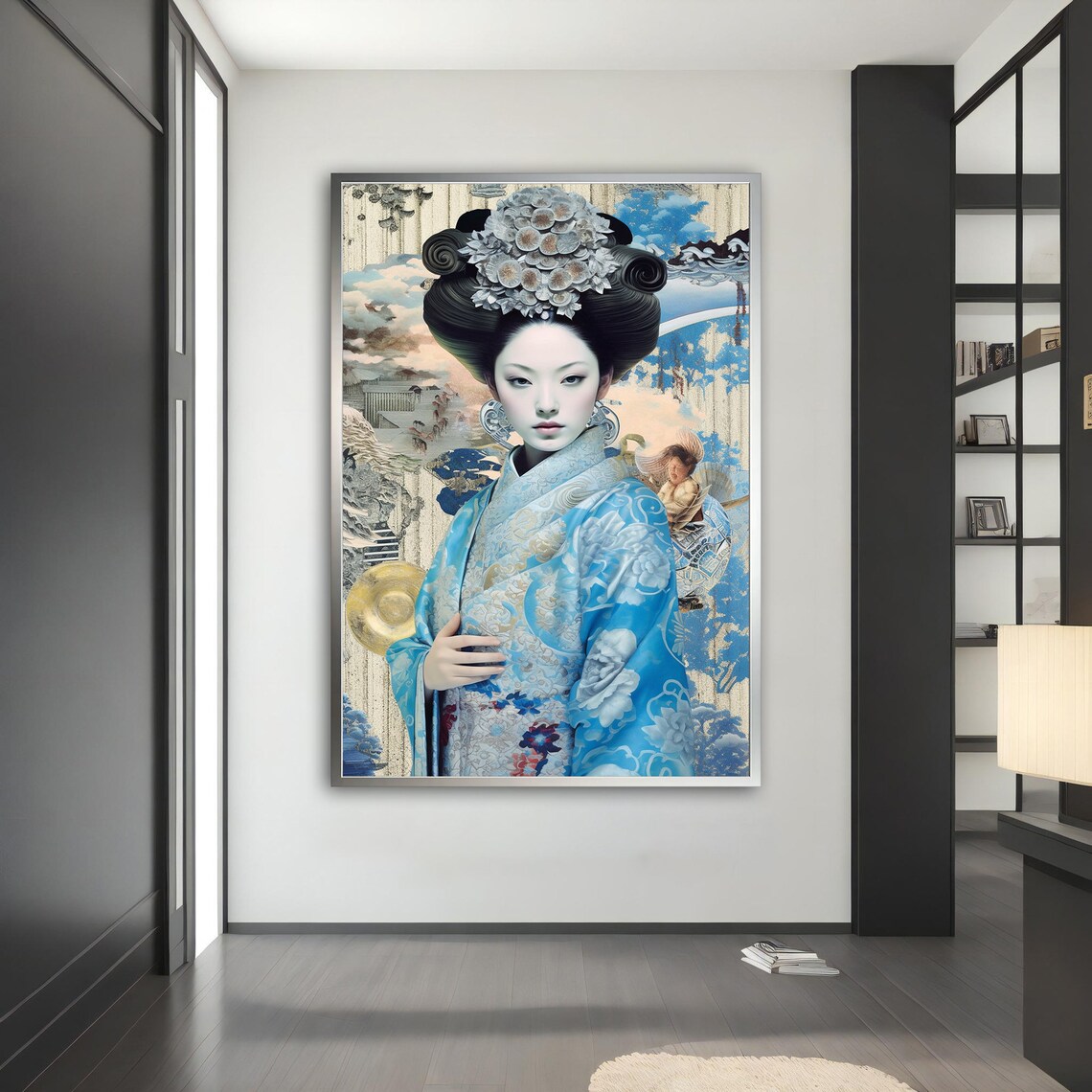 Geisha in Blue Kimono Japanese Floral Hair Ornament Art Poster - Image 5
