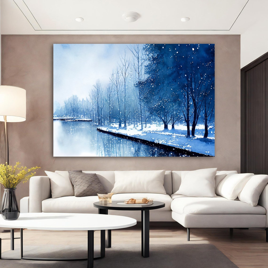 Blue Winter Landscape Snowy River Forest Monochrome Art Poster
