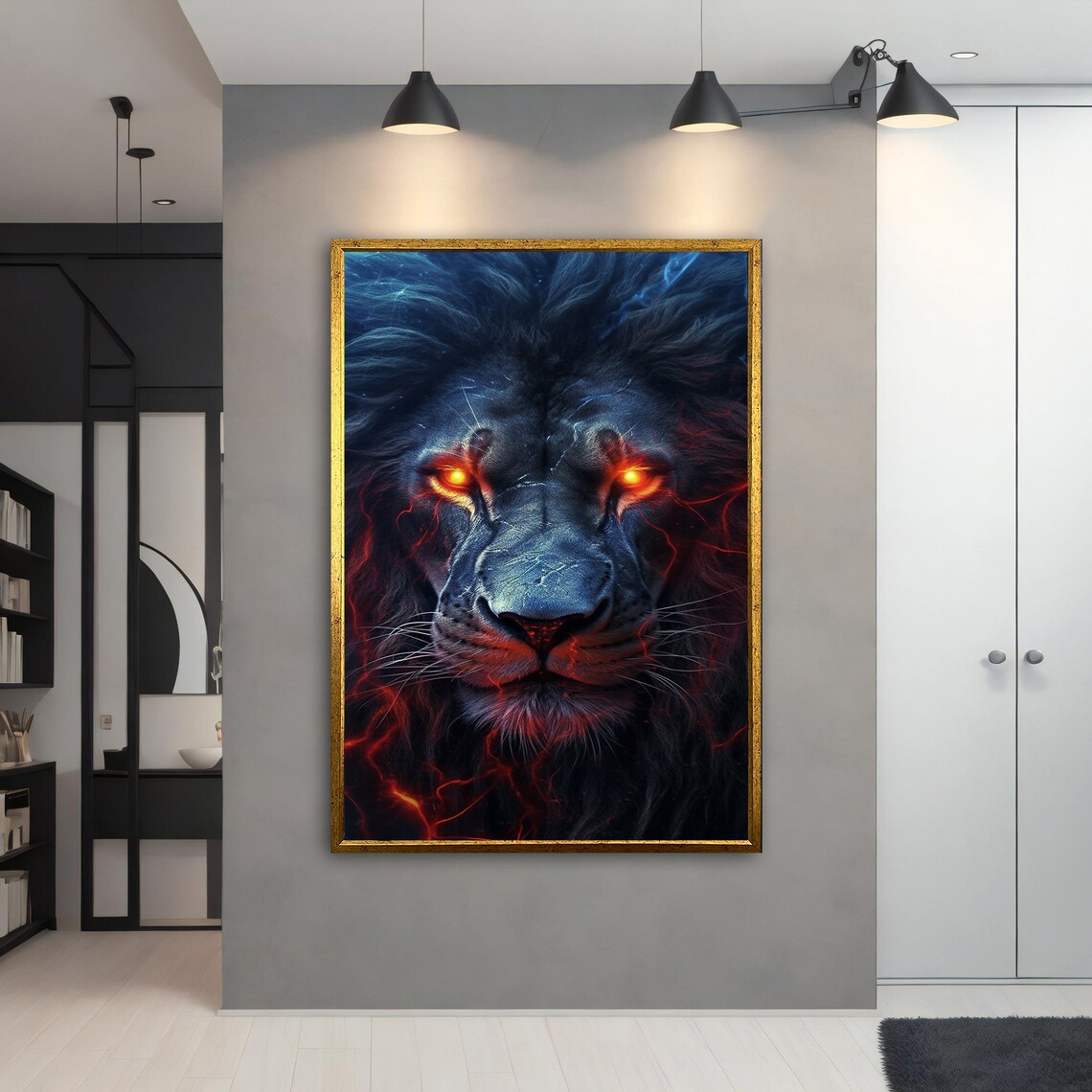 Dark Fierce Lion Glowing Orange Eyes Lava Mane Fantasy Beast Art Poster - Image 4