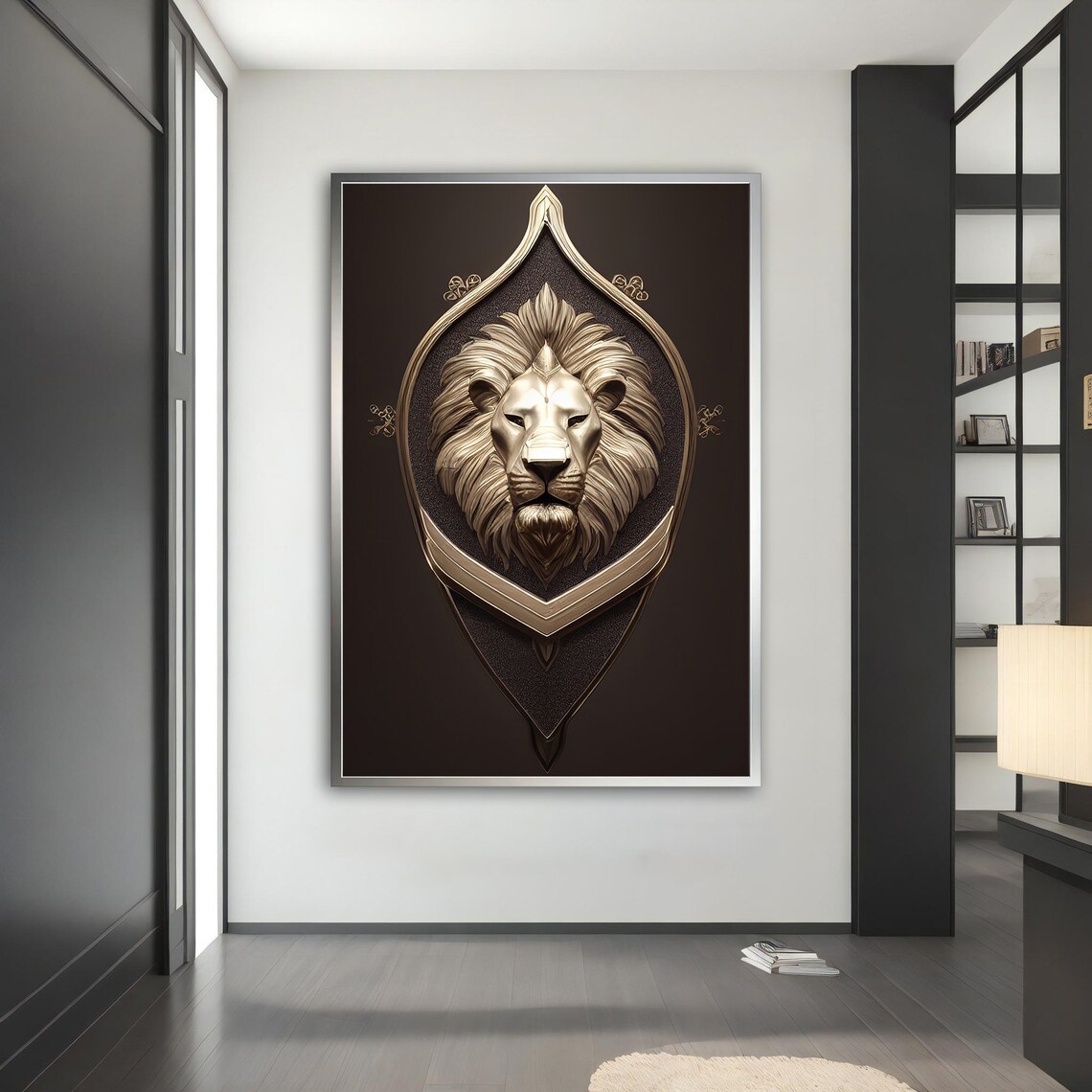 Silver Lion Head Shield Crest Emblem Luxury Metallic Animal Art Wall Poster - Image 2