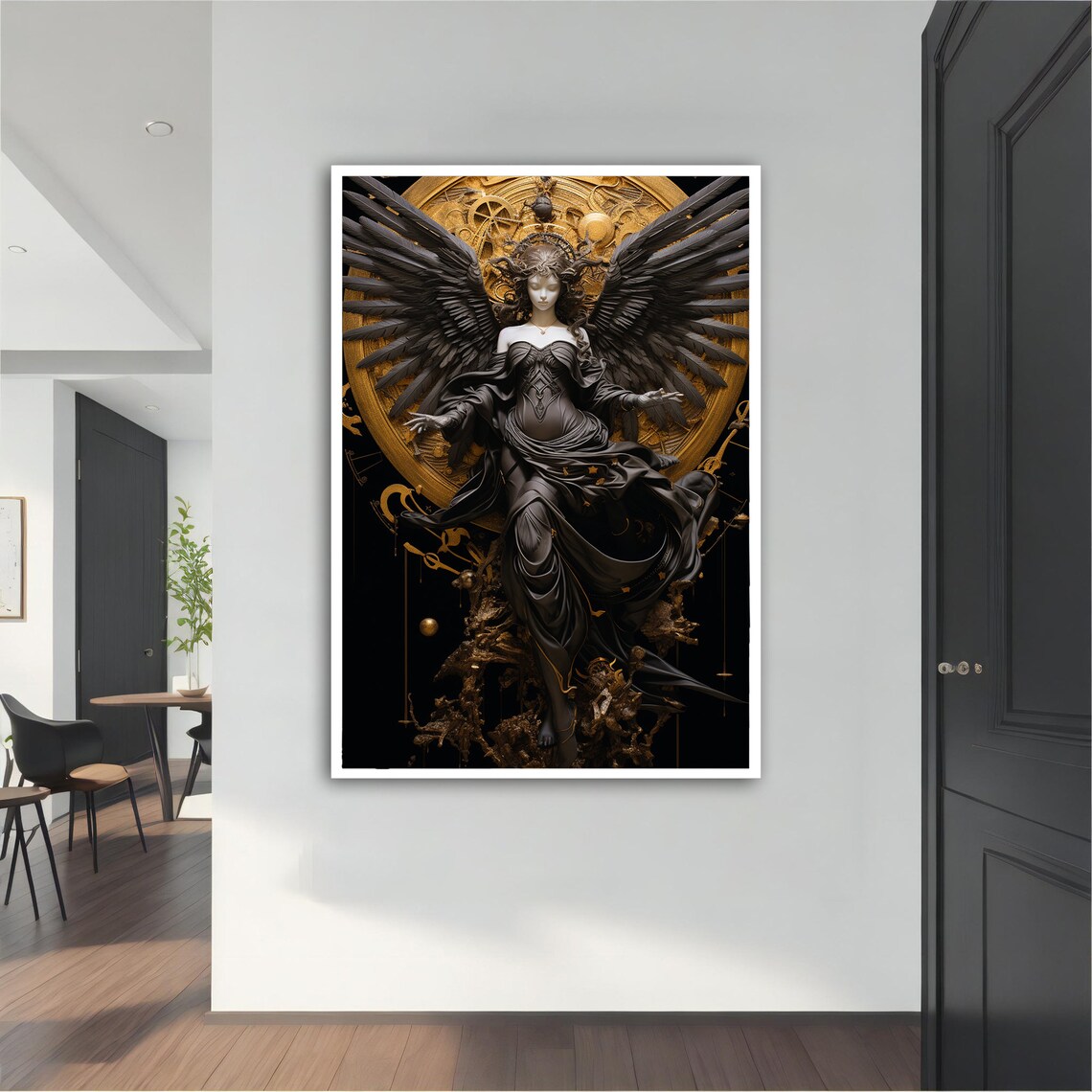 Black Angel with Golden Halo Wings Gothic Fantasy Art Poster