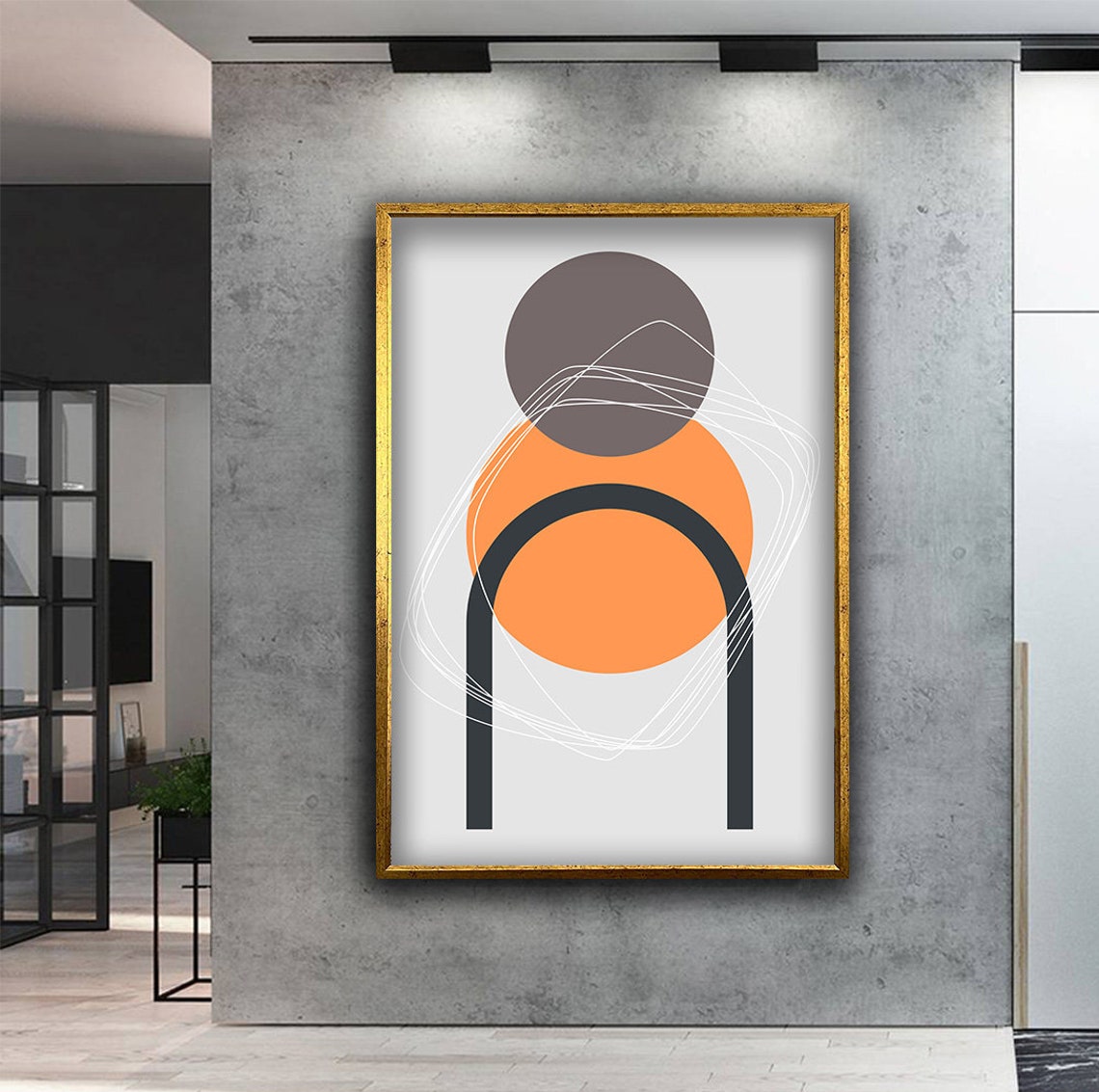 Boho Geometric Line Art Orange Grey Minimalist Circle Arch Print - Image 2