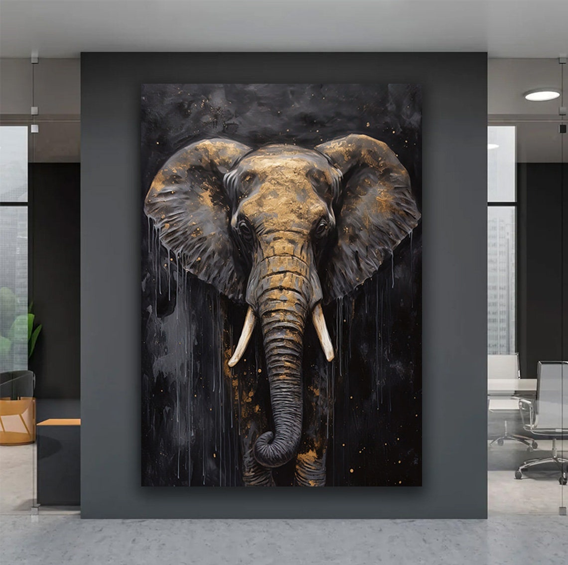 Elephant Front View Gold Accents Dark Moody Wildlife Art Poster - Image 2