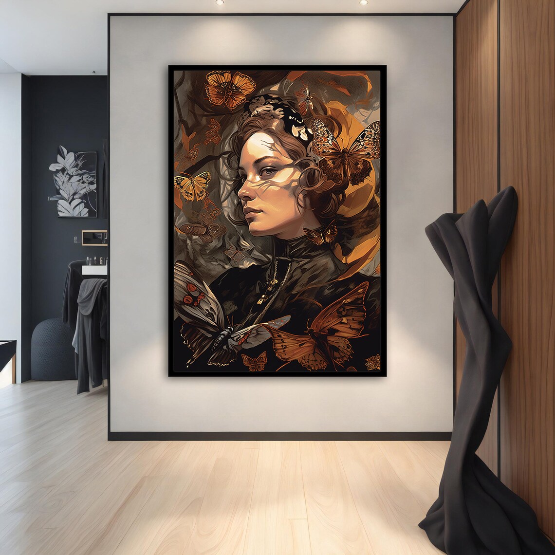 Woman with Butterflies Brown Orange Monarch Art Portrait Poster - Image 5