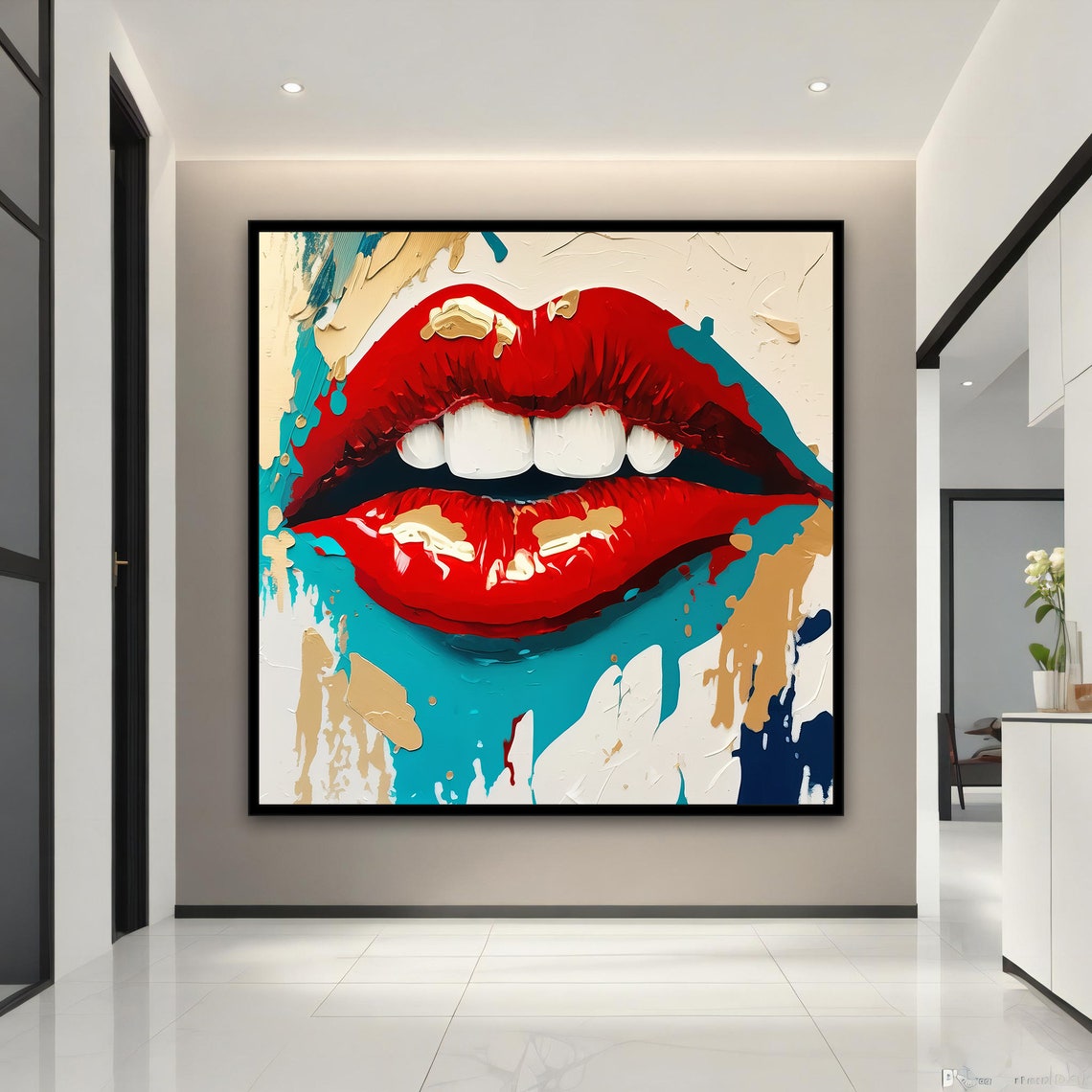 Red Lips Pop Art Painting Teal Splash Bold Glamour Art Poster