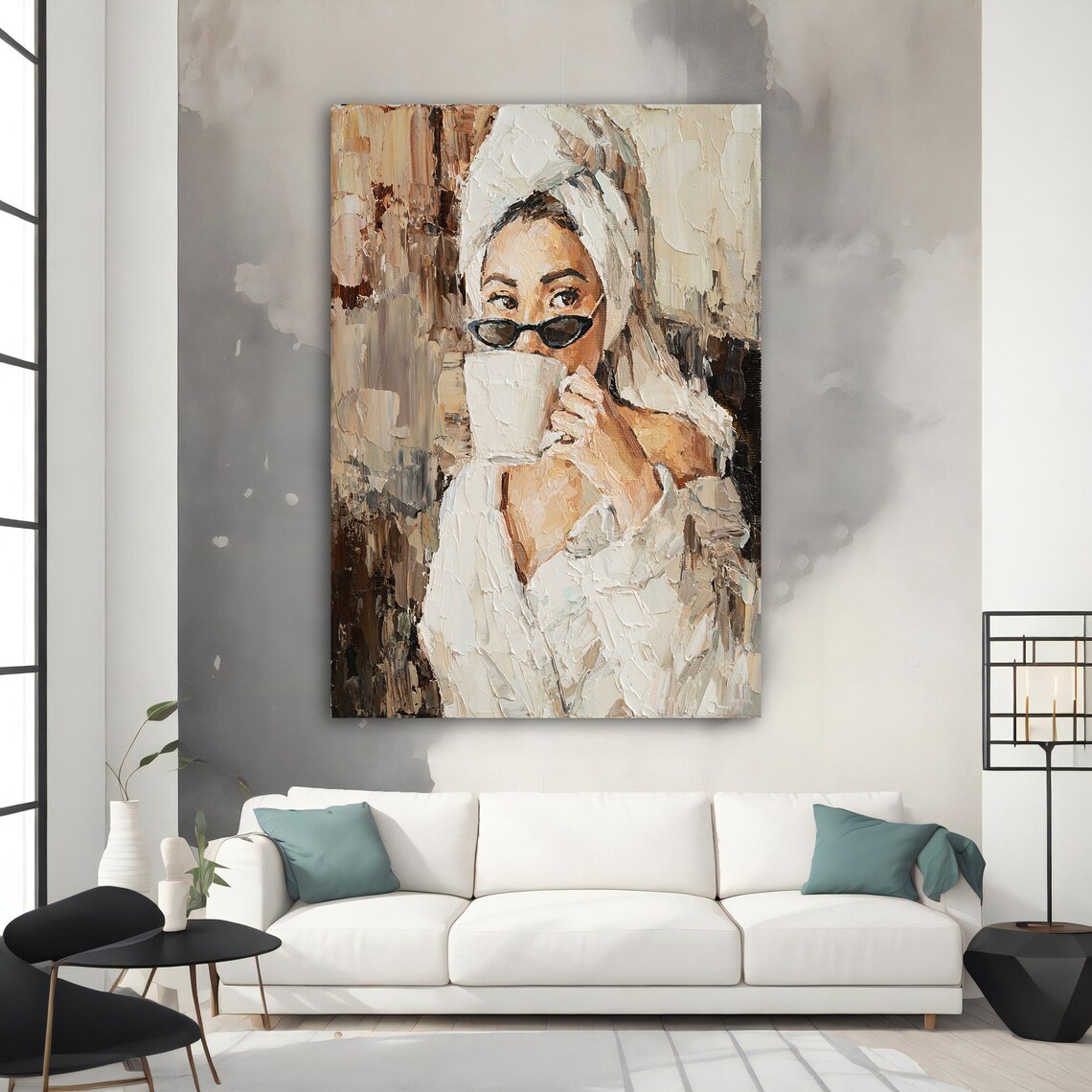Woman Drinking Coffee Towel Head Neutral Beige Impasto Wall Art - Image 3