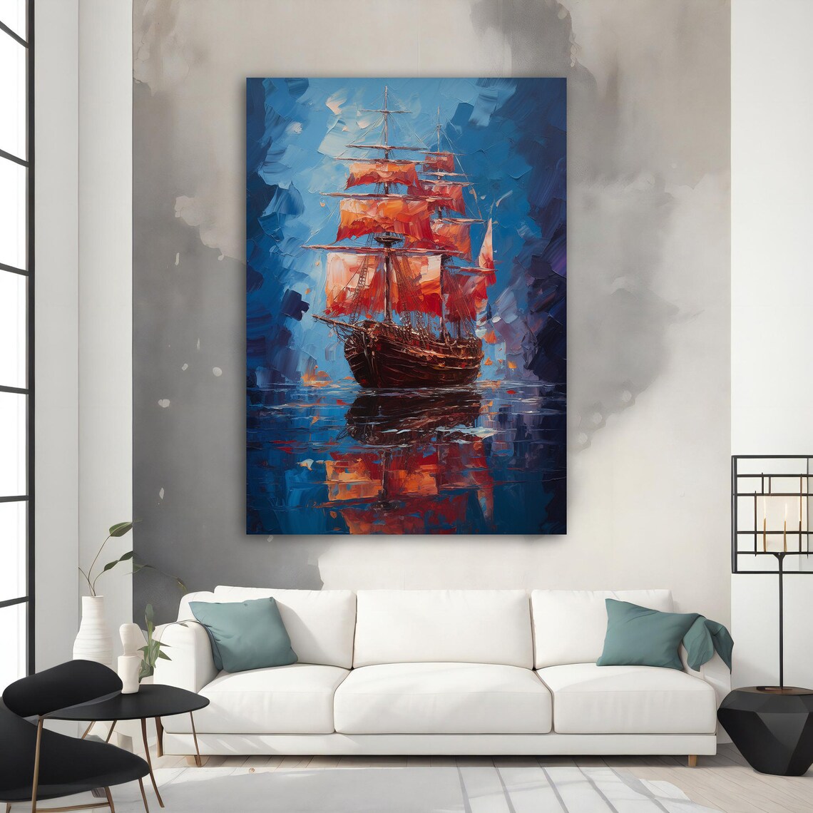 Tall Ship Red Sails Oil Painting Dramatic Deep Blue Sea Art Poster - Image 3