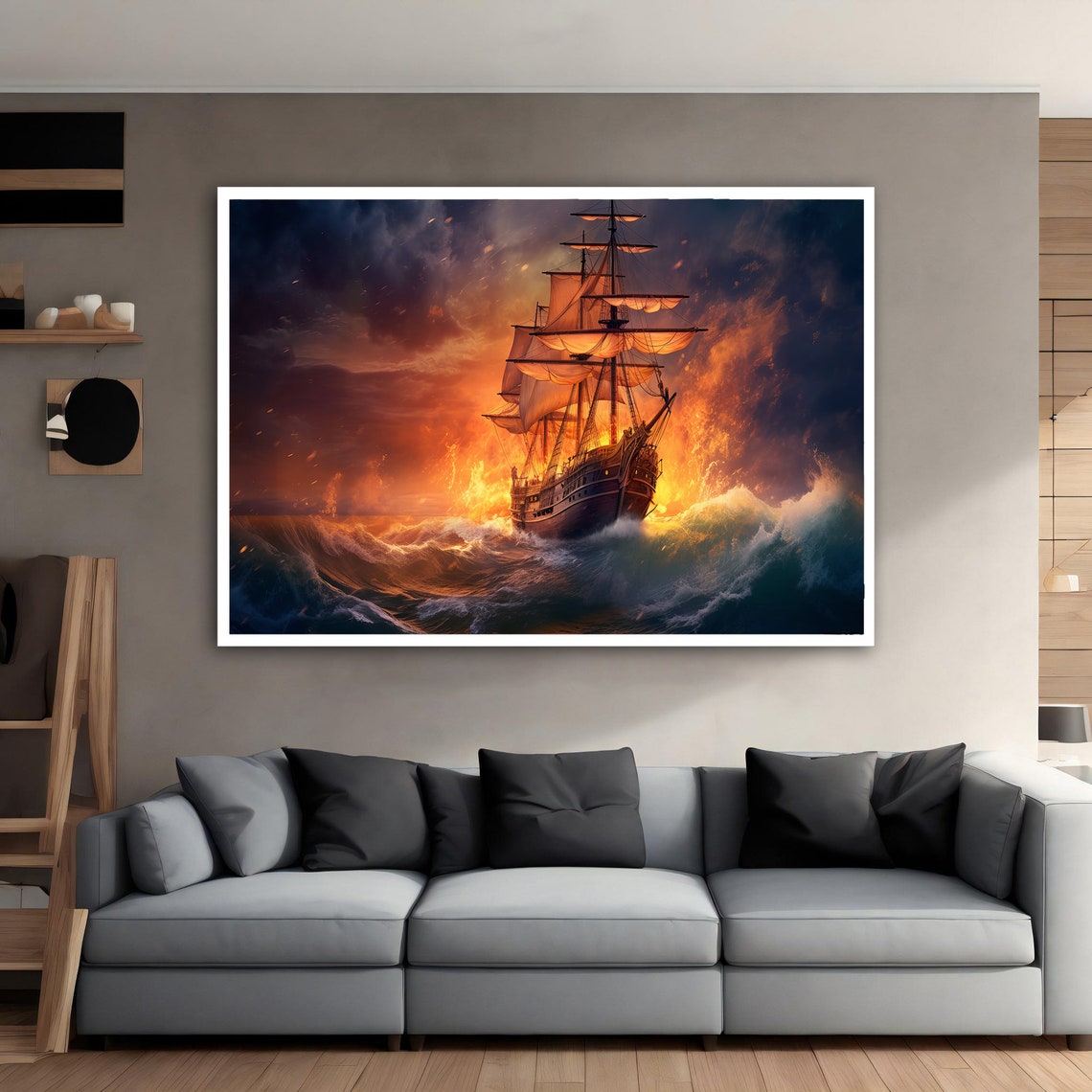 Tall Ship Fiery Sunset Sails Dramatic Ocean Waves Wall Art Print - Image 3