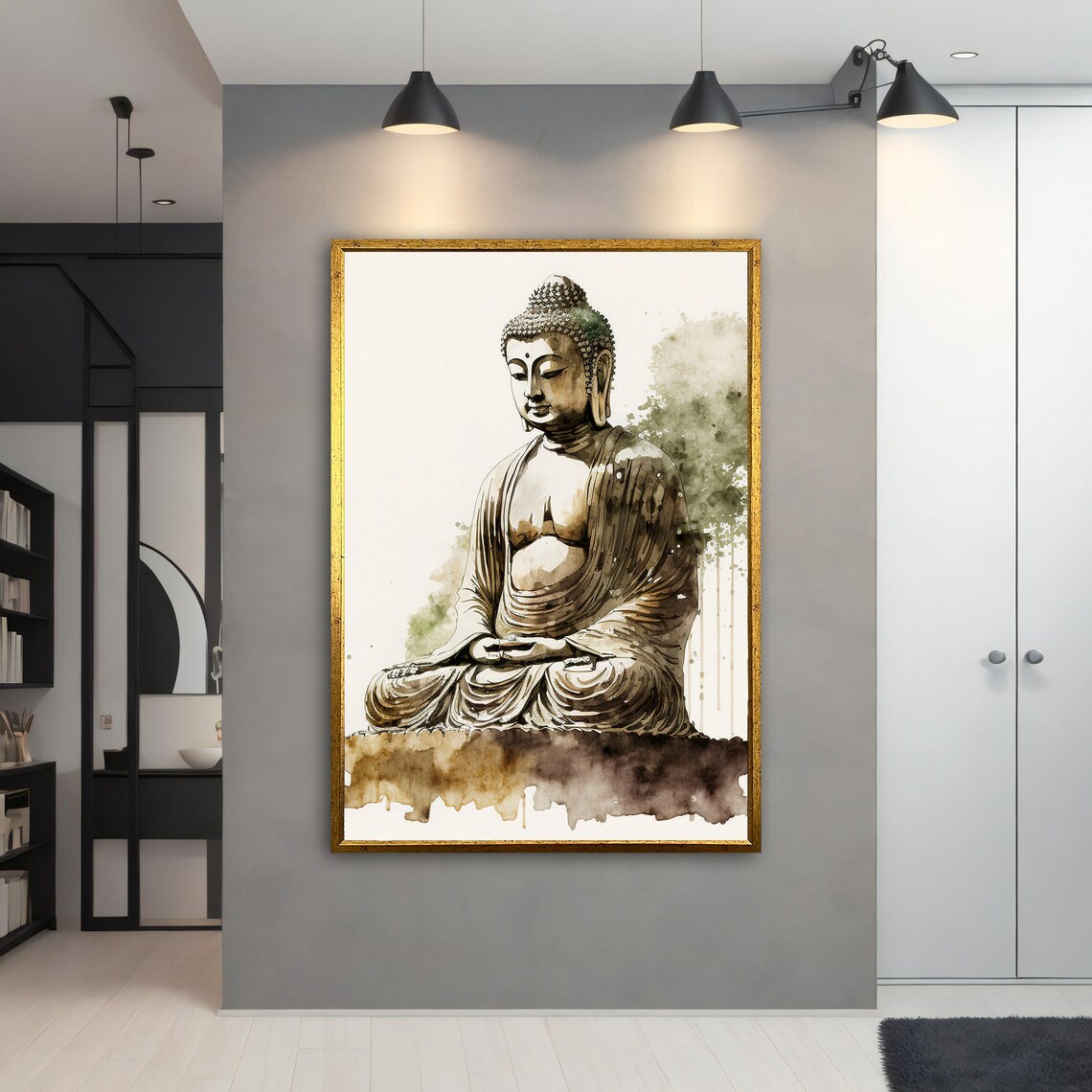 Minimalist Ink Wash Buddha Statue Seated Meditation Green Grey Art Poster - Image 3